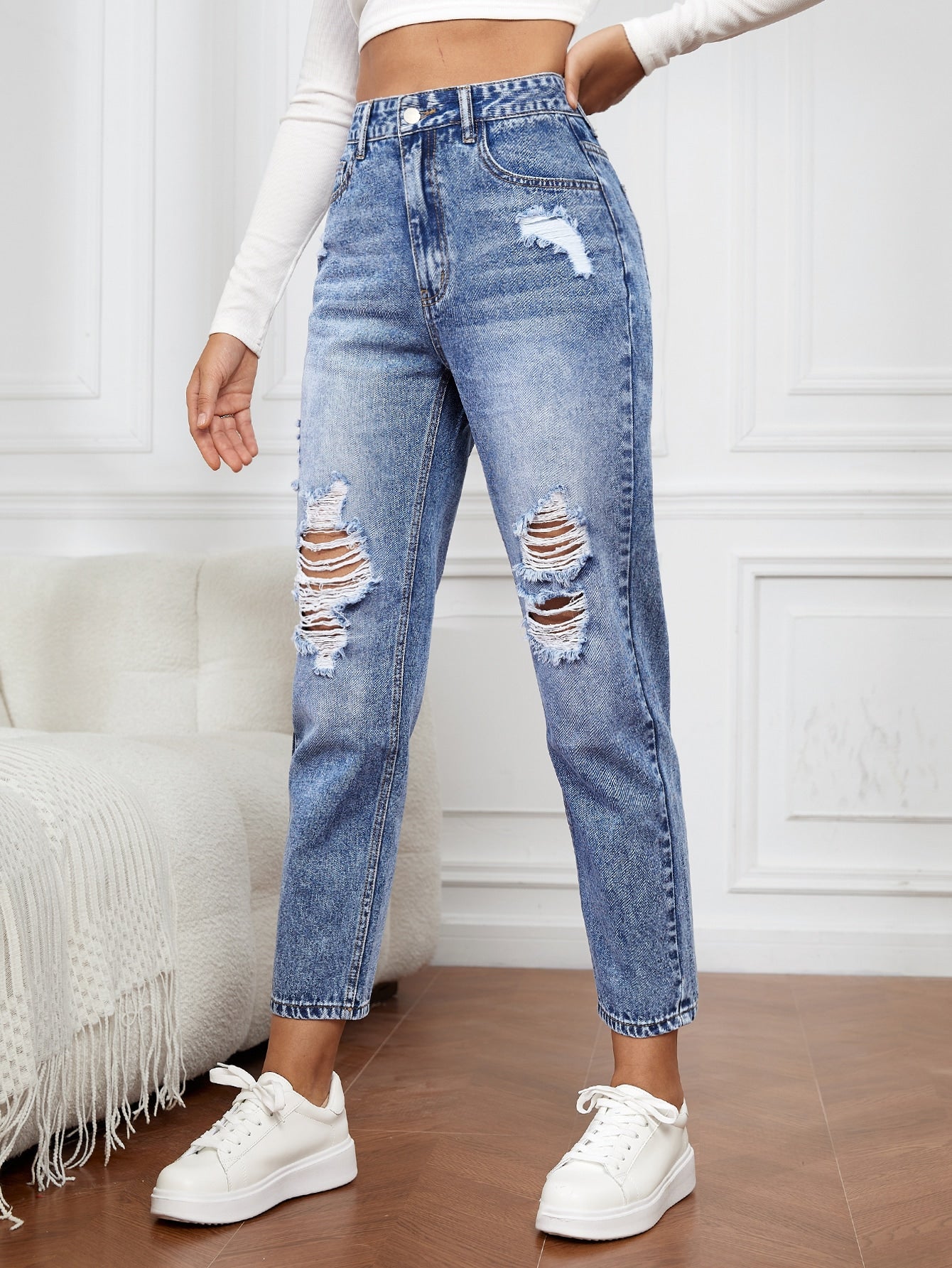 Blugi Dama, Talie Inalta, Ripped & Distressed