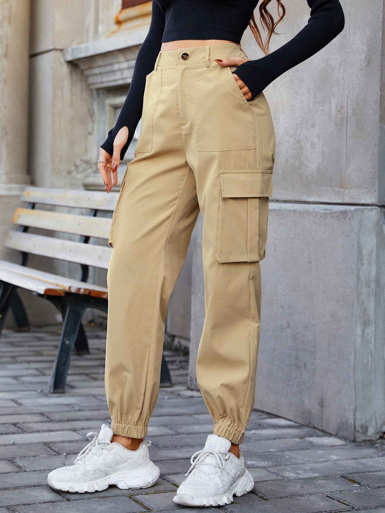 Pantaloni Cargo Dama, Talie Inalta Elastica