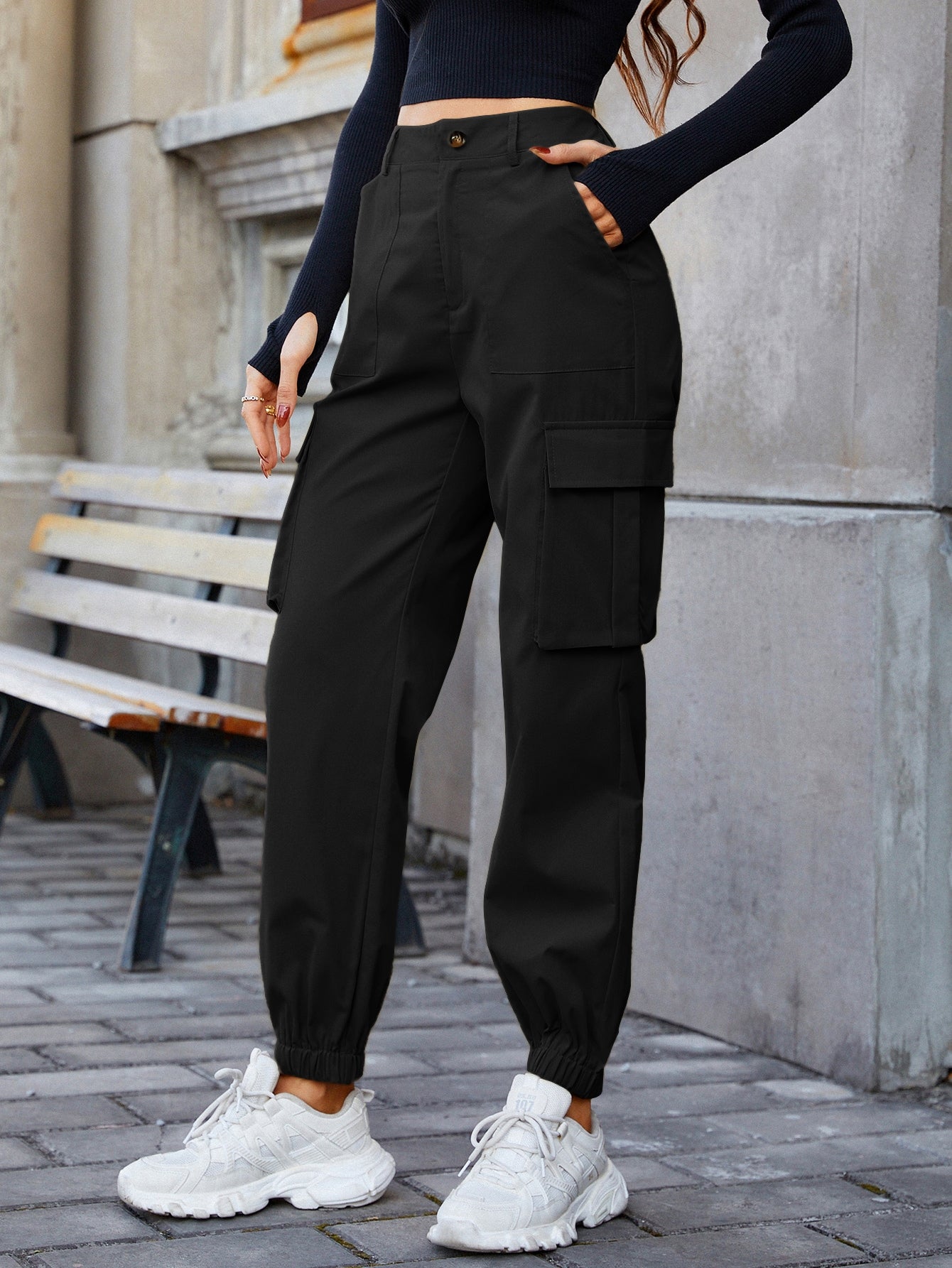 Pantaloni Cargo Dama, Talie Inalta Elastica