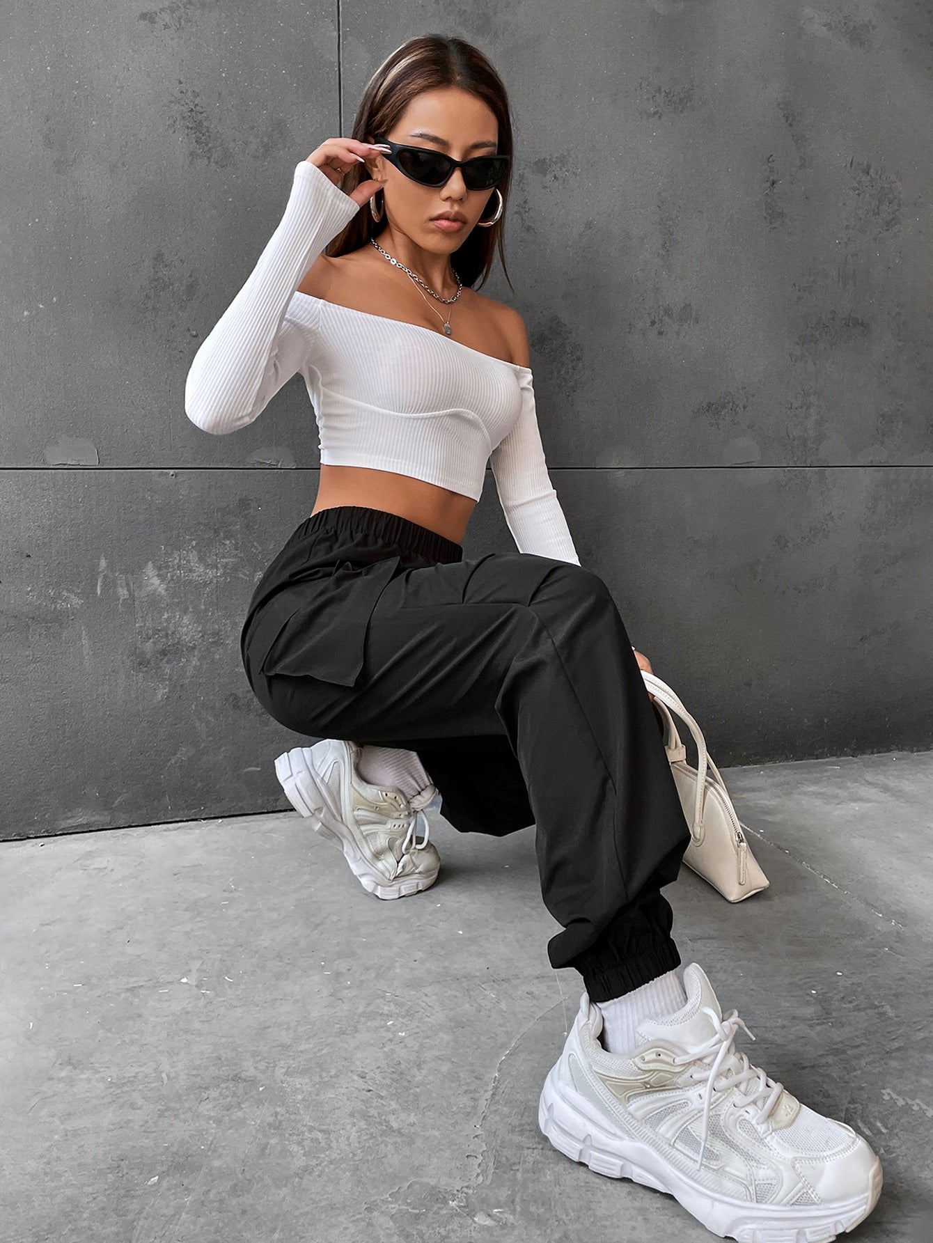 Pantaloni Cargo Dama, Talie Inalta Elastica