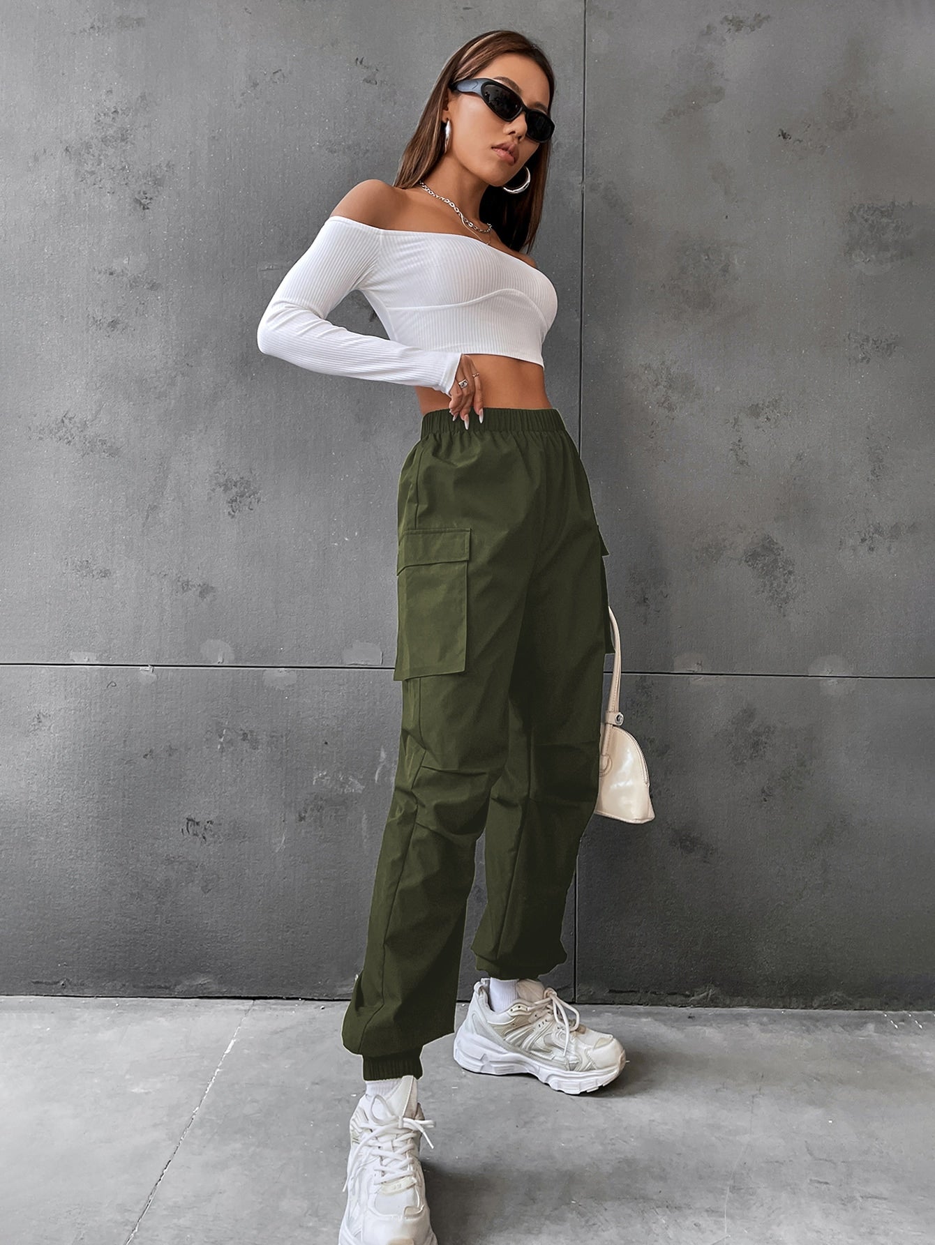 Pantaloni Cargo Dama, Talie Inalta Elastica