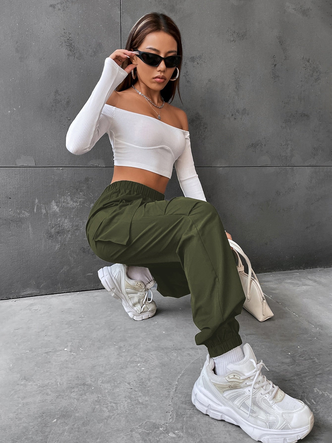 Pantaloni Cargo Dama, Talie Inalta Elastica