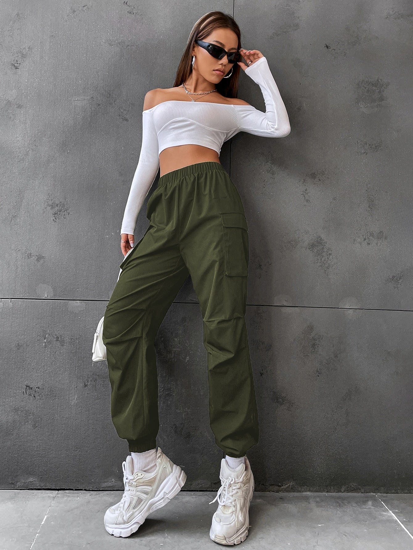 Pantaloni Cargo Dama, Talie Inalta Elastica