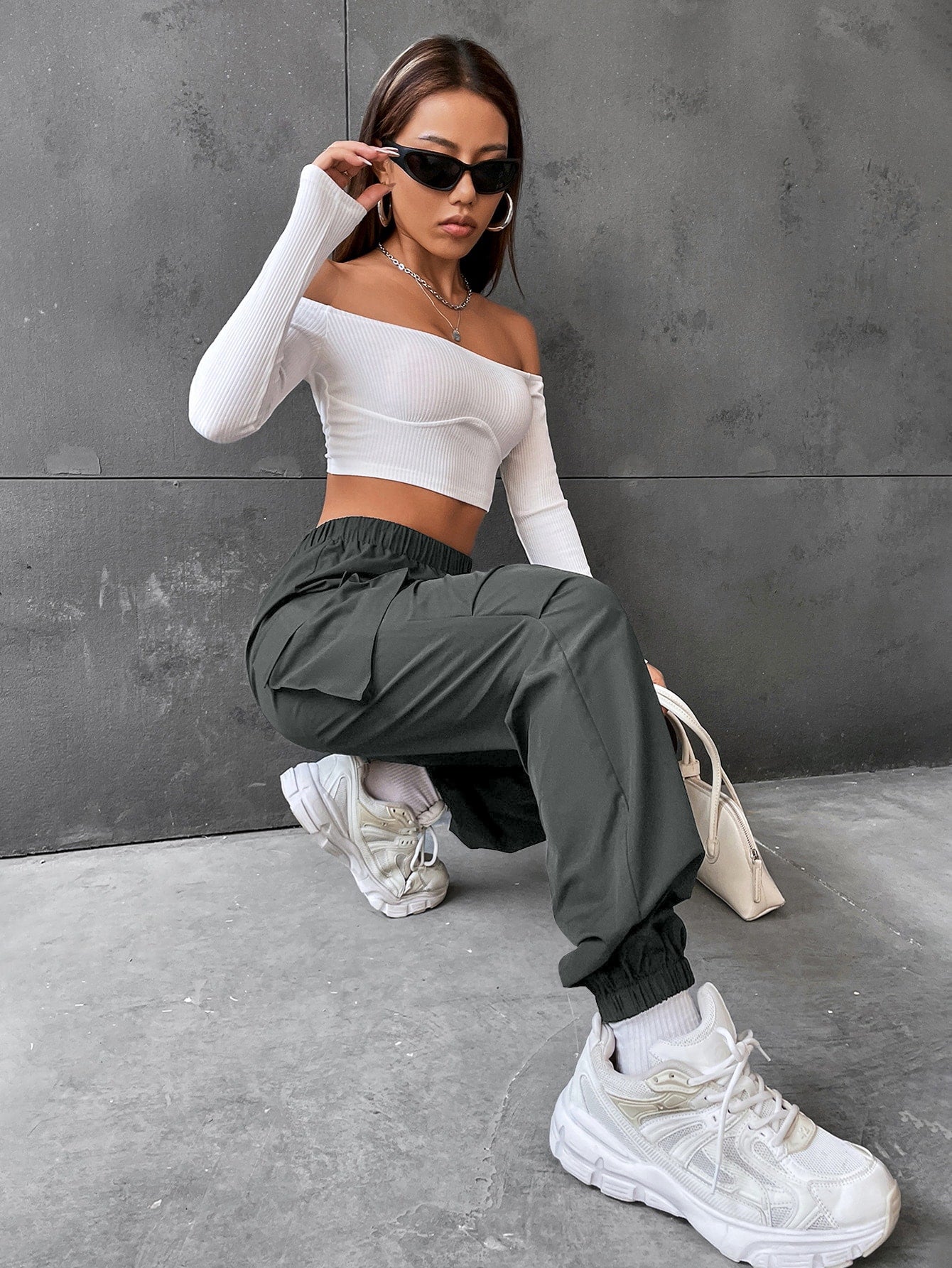 Pantaloni Cargo Dama, Talie Inalta Elastica