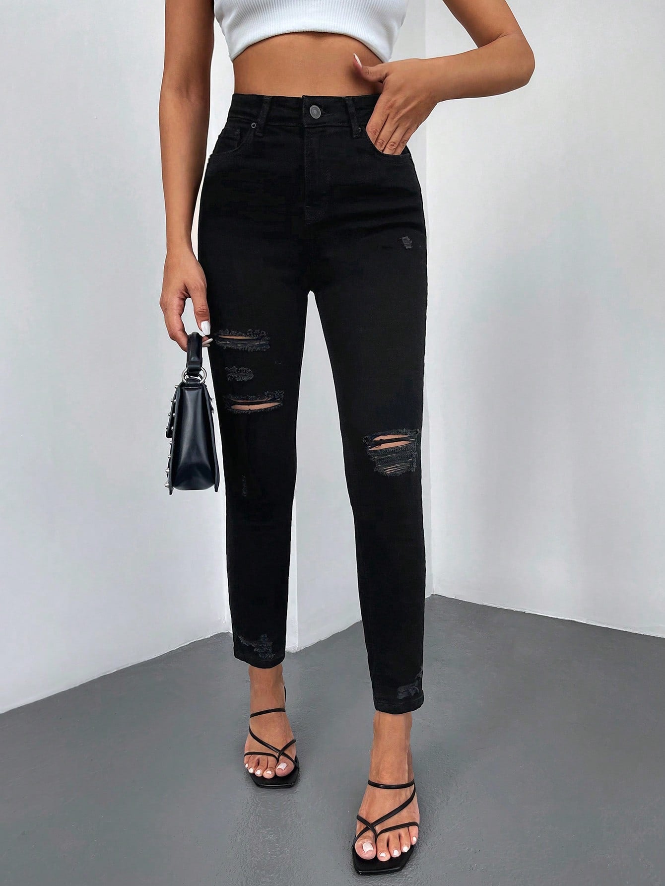 Blugi Dama, Croiala Inalta, Slim-Fit, Cu Rupturi
