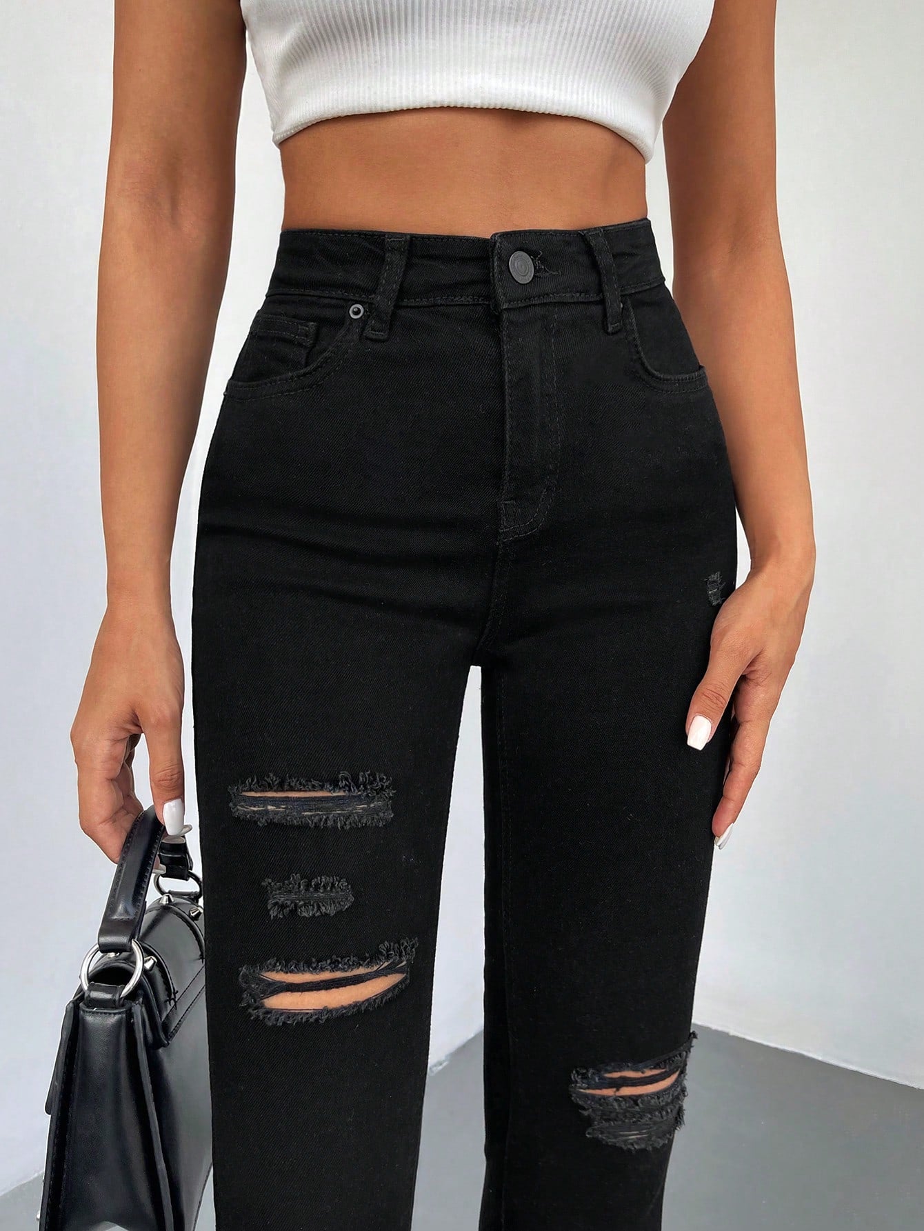 Blugi Dama, Croiala Inalta, Slim-Fit, Cu Rupturi
