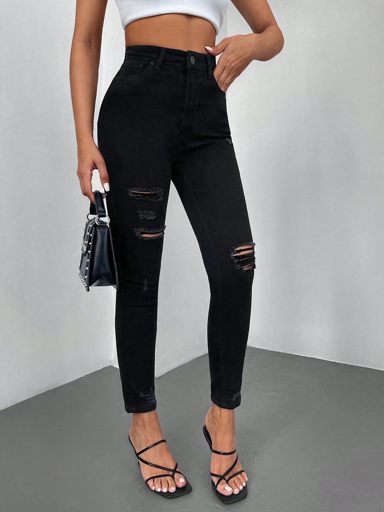 Blugi Dama, Croiala Inalta, Slim-Fit, Cu Rupturi