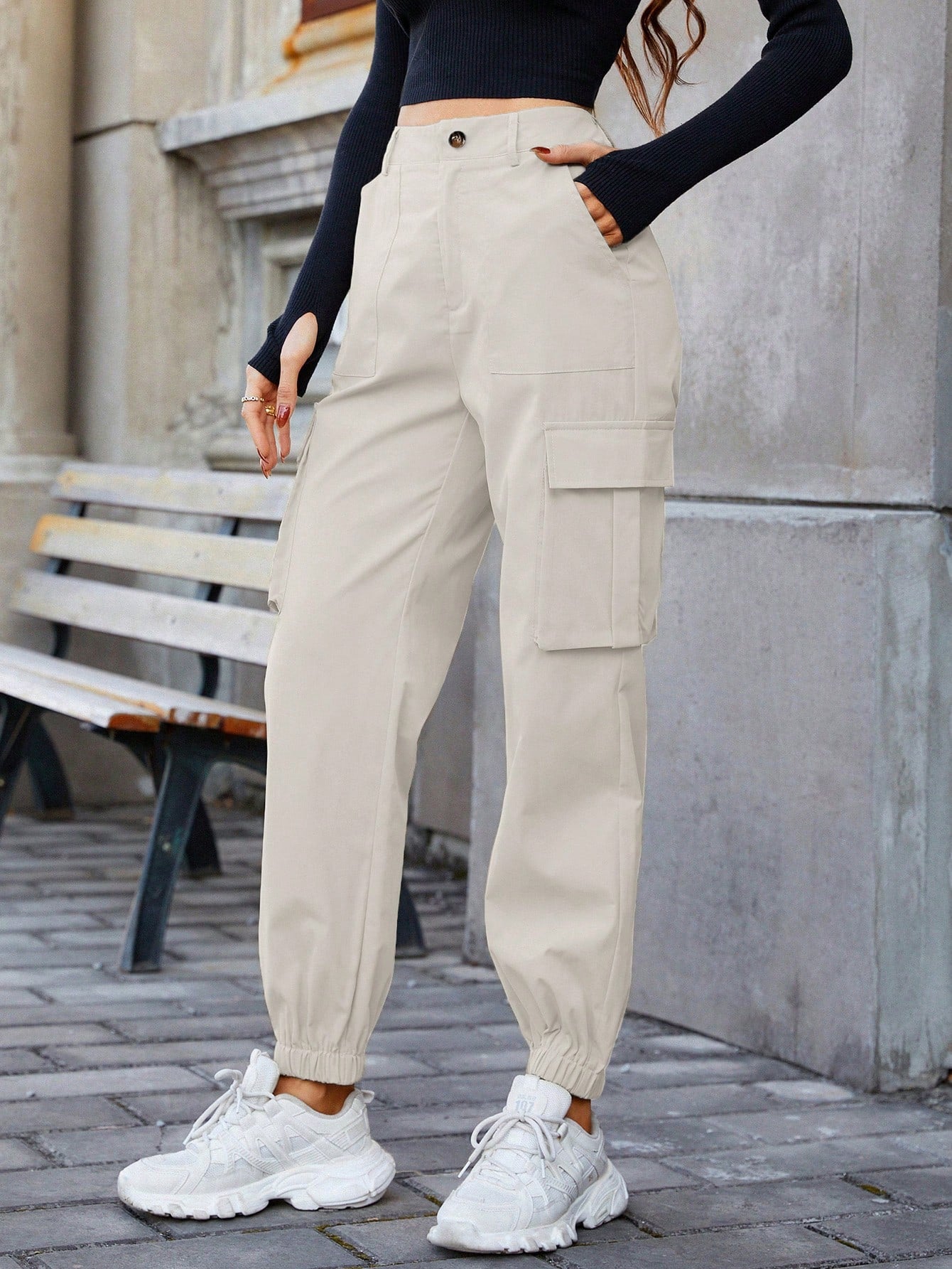 Pantaloni Cargo Dama, Talie Inalta Elastica