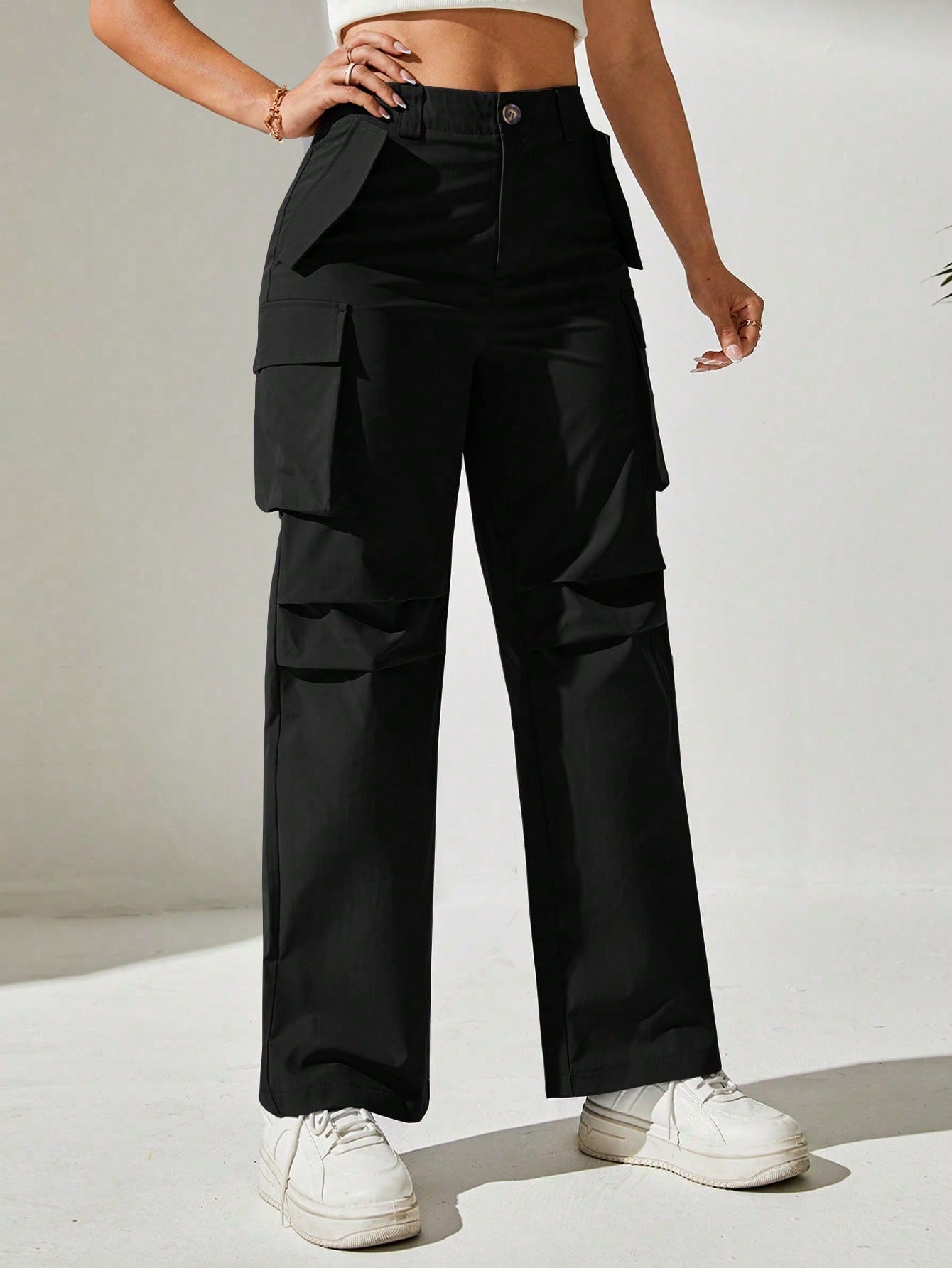 Pantaloni Cargo, Cu talie Inalta & Snur In Talie