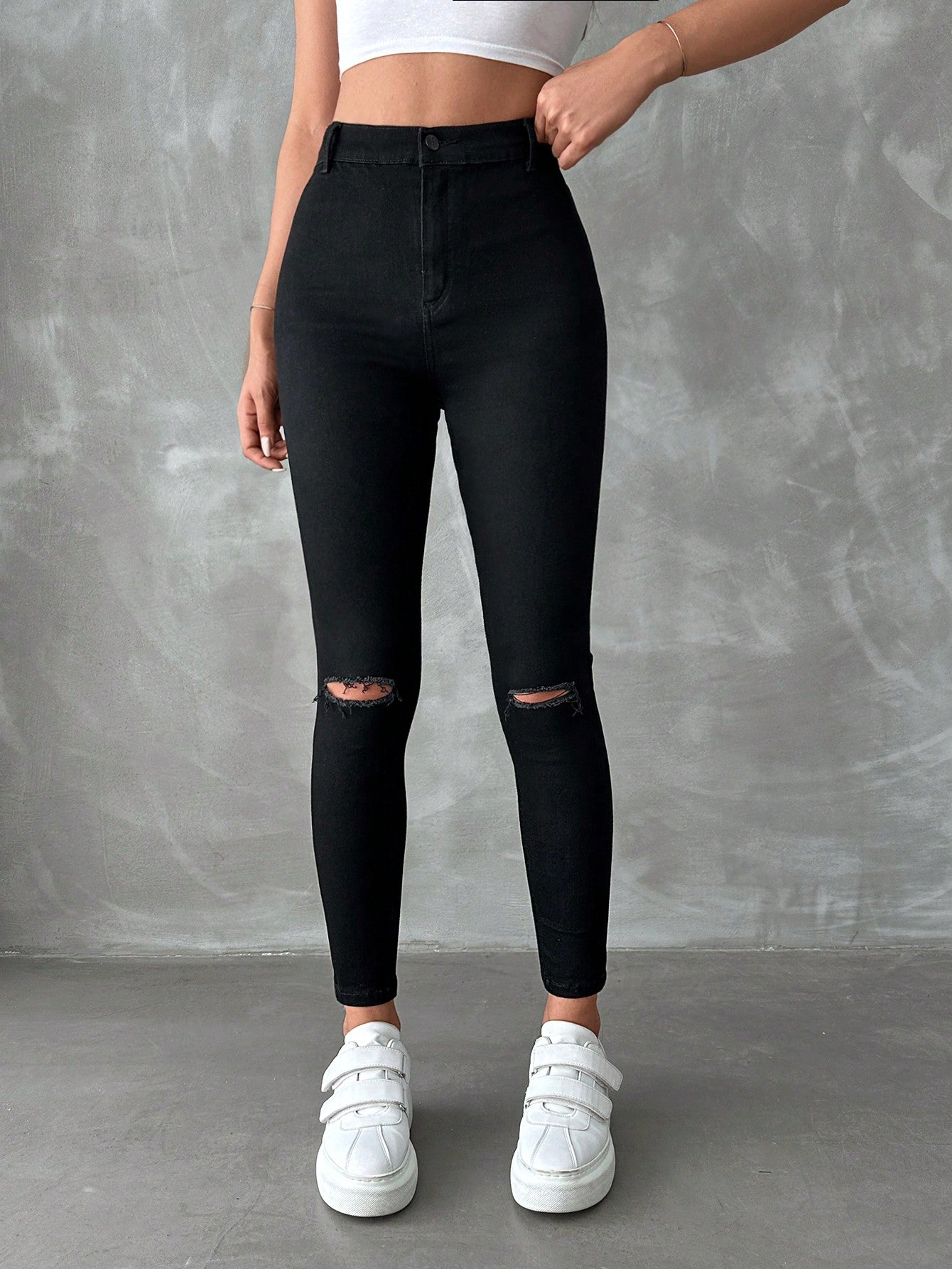 Blugi Dama, Croiala Inalta, Slim-Fit, Cu Rupturi