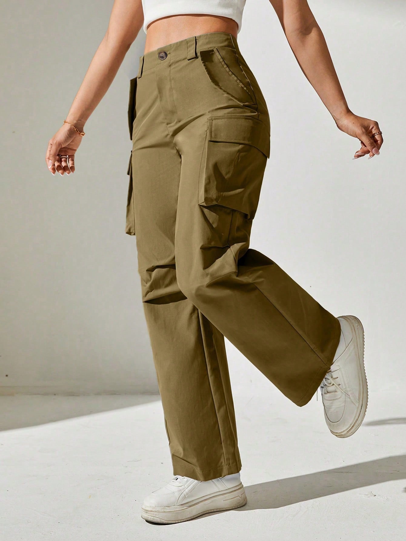 Pantaloni Cargo, Cu talie Inalta & Snur In Talie