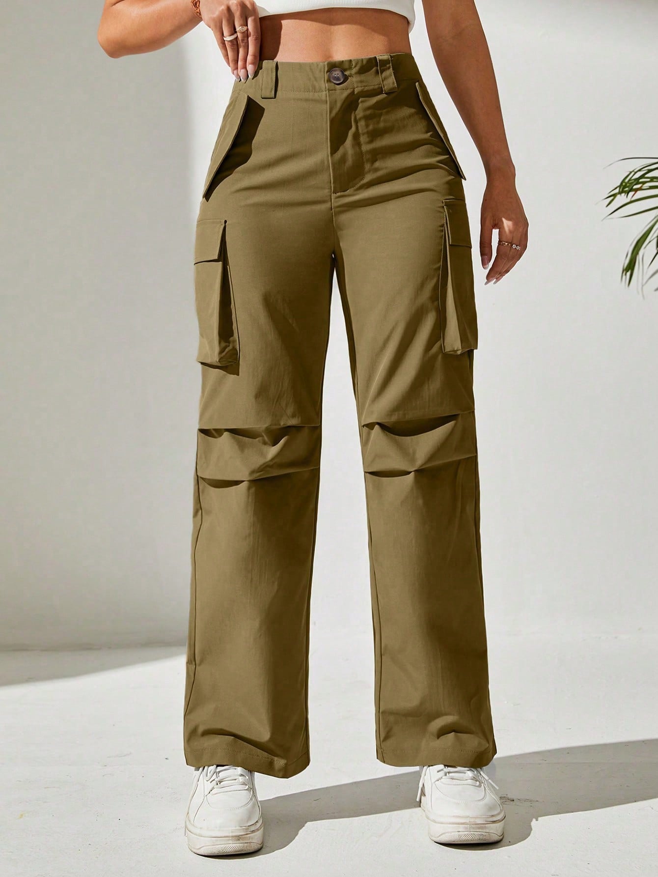 Pantaloni Cargo, Cu talie Inalta & Snur In Talie