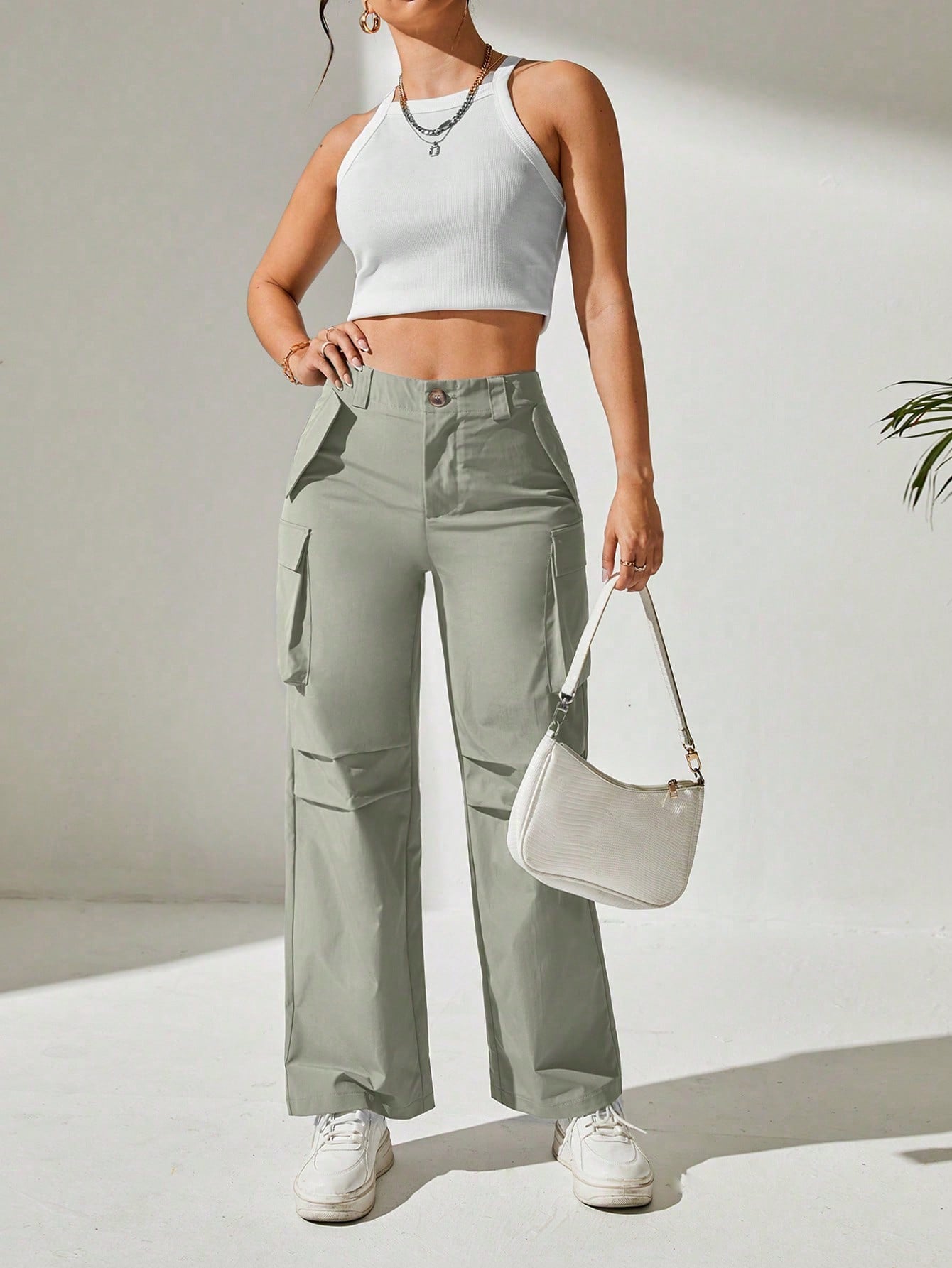 Pantaloni Cargo, Cu talie Inalta & Snur In Talie