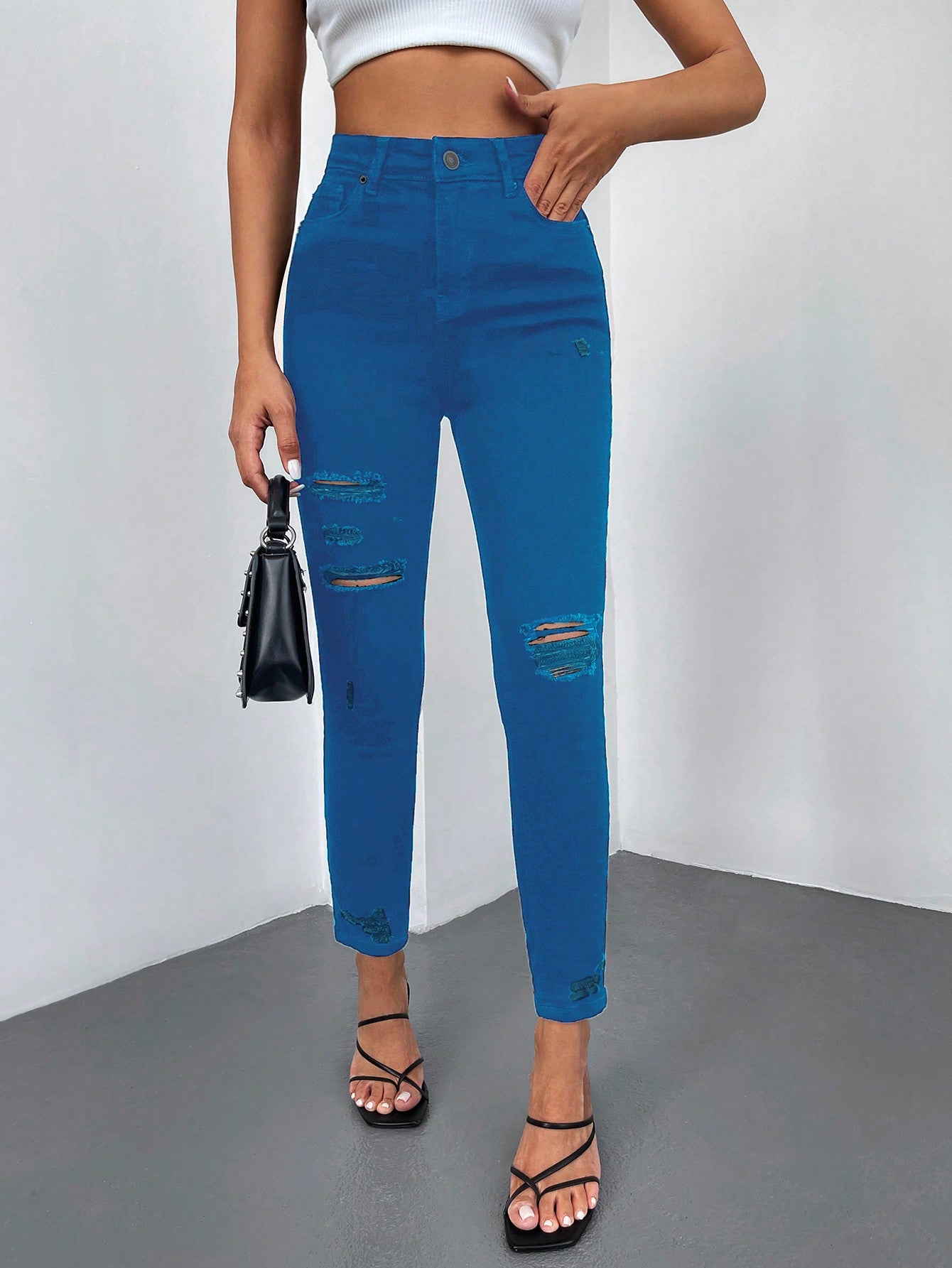 Blugi Dama, Croiala Inalta, Slim-Fit, Cu Rupturi