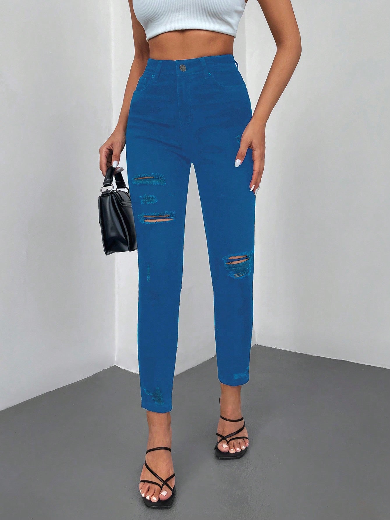 Blugi Dama, Croiala Inalta, Slim-Fit, Cu Rupturi