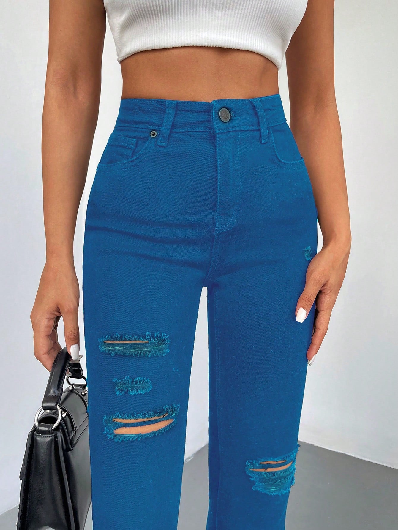 Blugi Dama, Croiala Inalta, Slim-Fit, Cu Rupturi