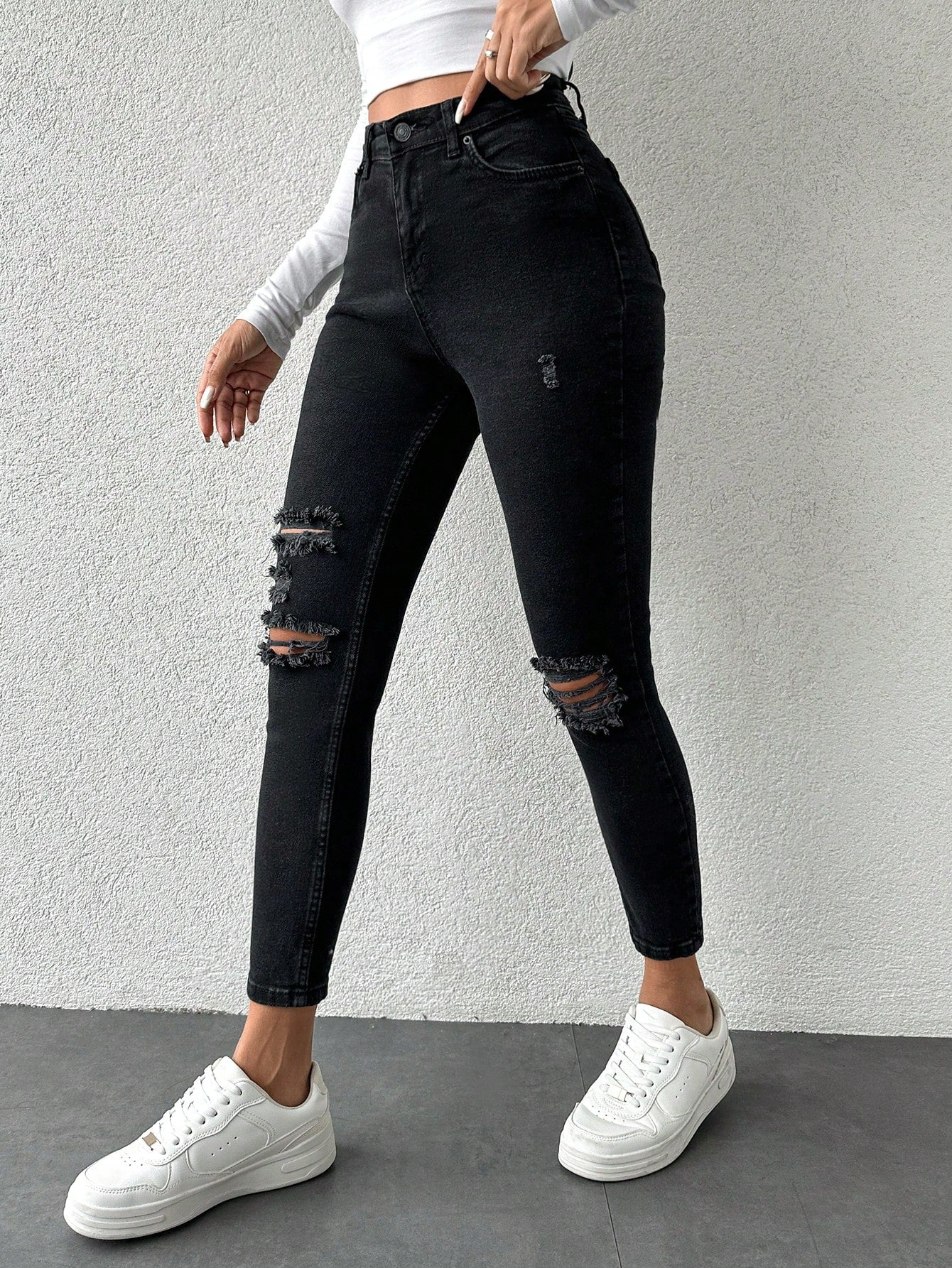 Blugi Dama, Croiala Inalta, Slim-Fit, Cu Rupturi
