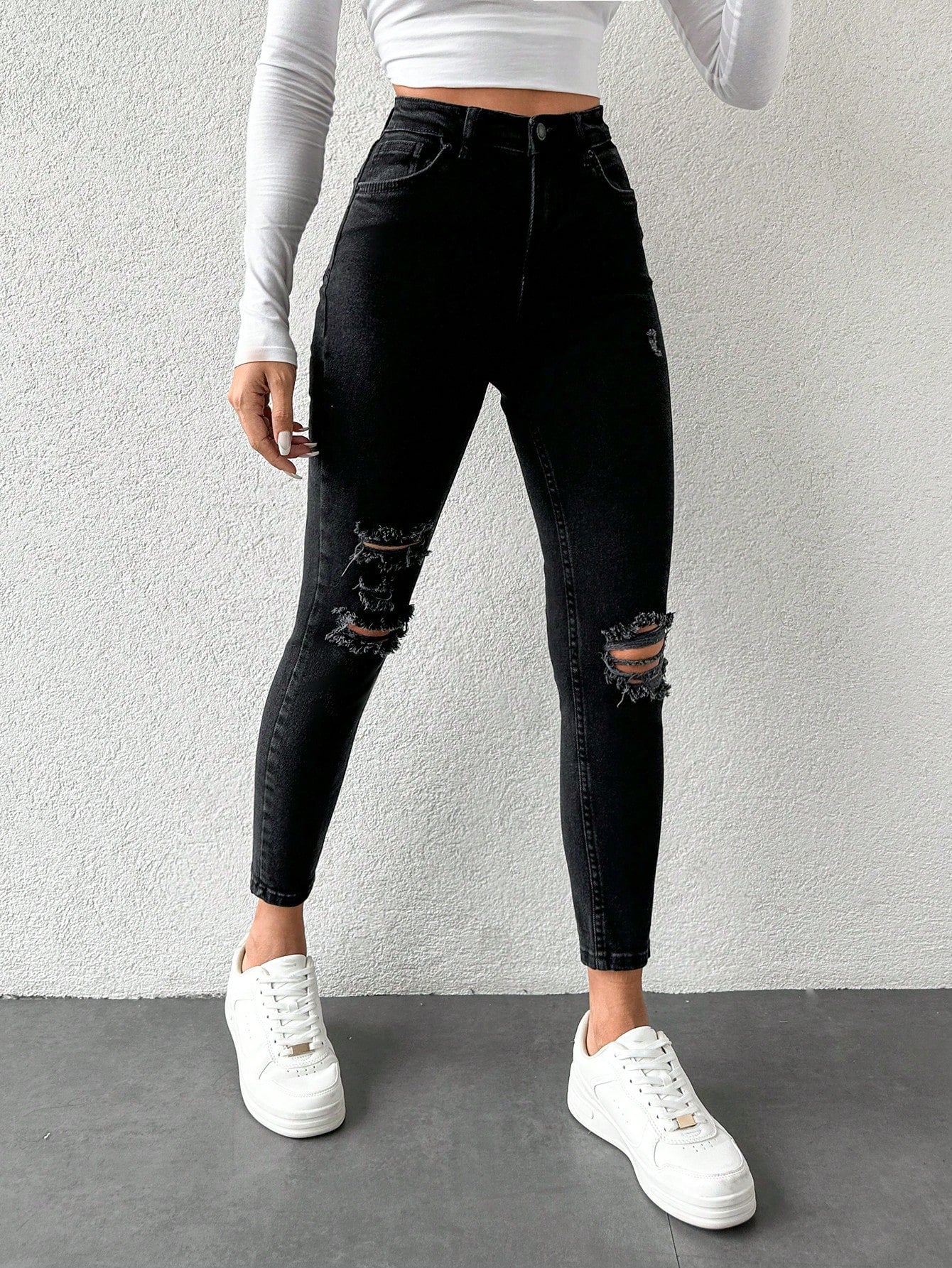 Blugi Dama, Croiala Inalta, Slim-Fit, Cu Rupturi