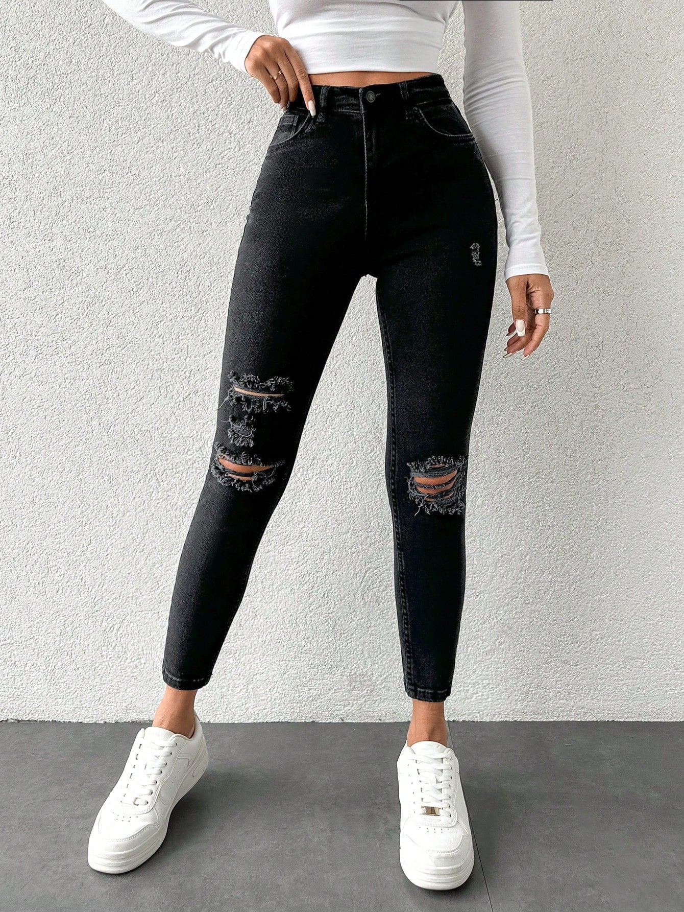 Blugi Dama, Croiala Inalta, Slim-Fit, Cu Rupturi