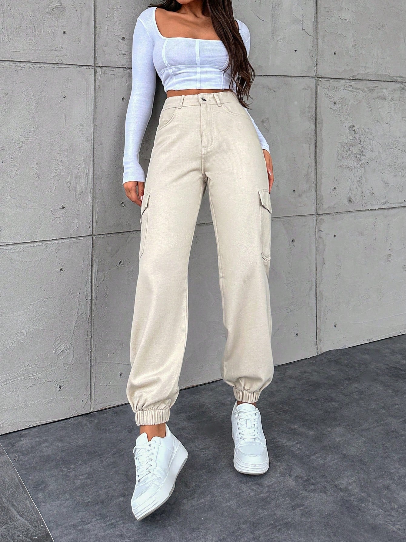 Pantaloni Cargo Dama, Croiala Slim Fit, Talie Inalta