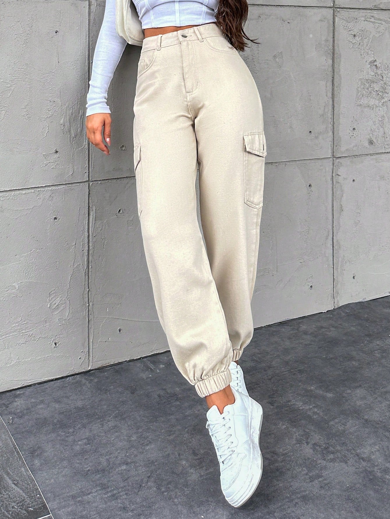 Pantaloni Cargo Dama, Croiala Slim Fit, Talie Inalta