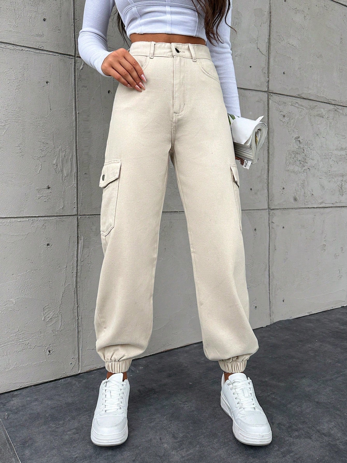 Pantaloni Cargo Dama, Croiala Slim Fit, Talie Inalta