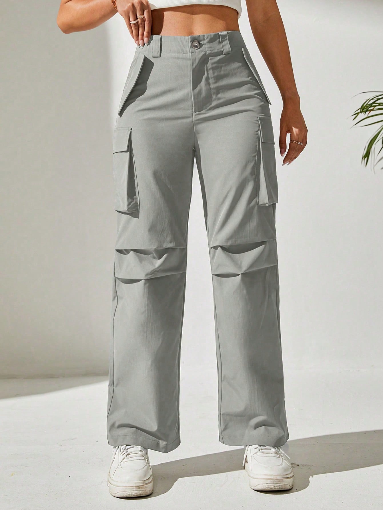 Pantaloni Cargo, Cu talie Inalta & Snur In Talie