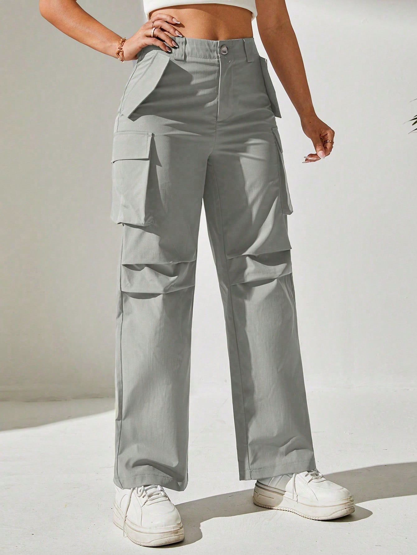 Pantaloni Cargo, Cu talie Inalta & Snur In Talie