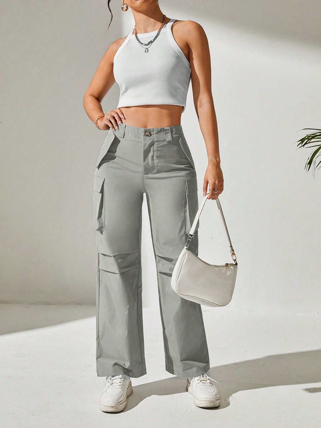 Pantaloni Cargo, Cu talie Inalta & Snur In Talie