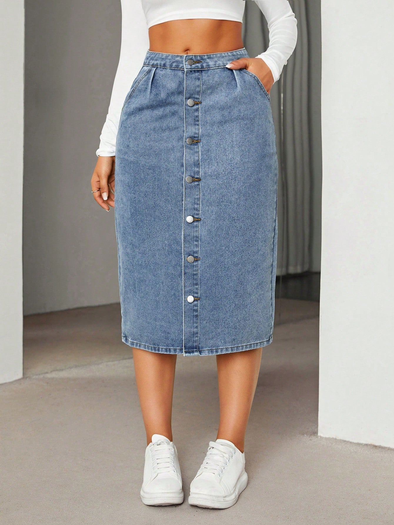 Fusta Dama, Denim, Talie Inalta Cu Nasturi