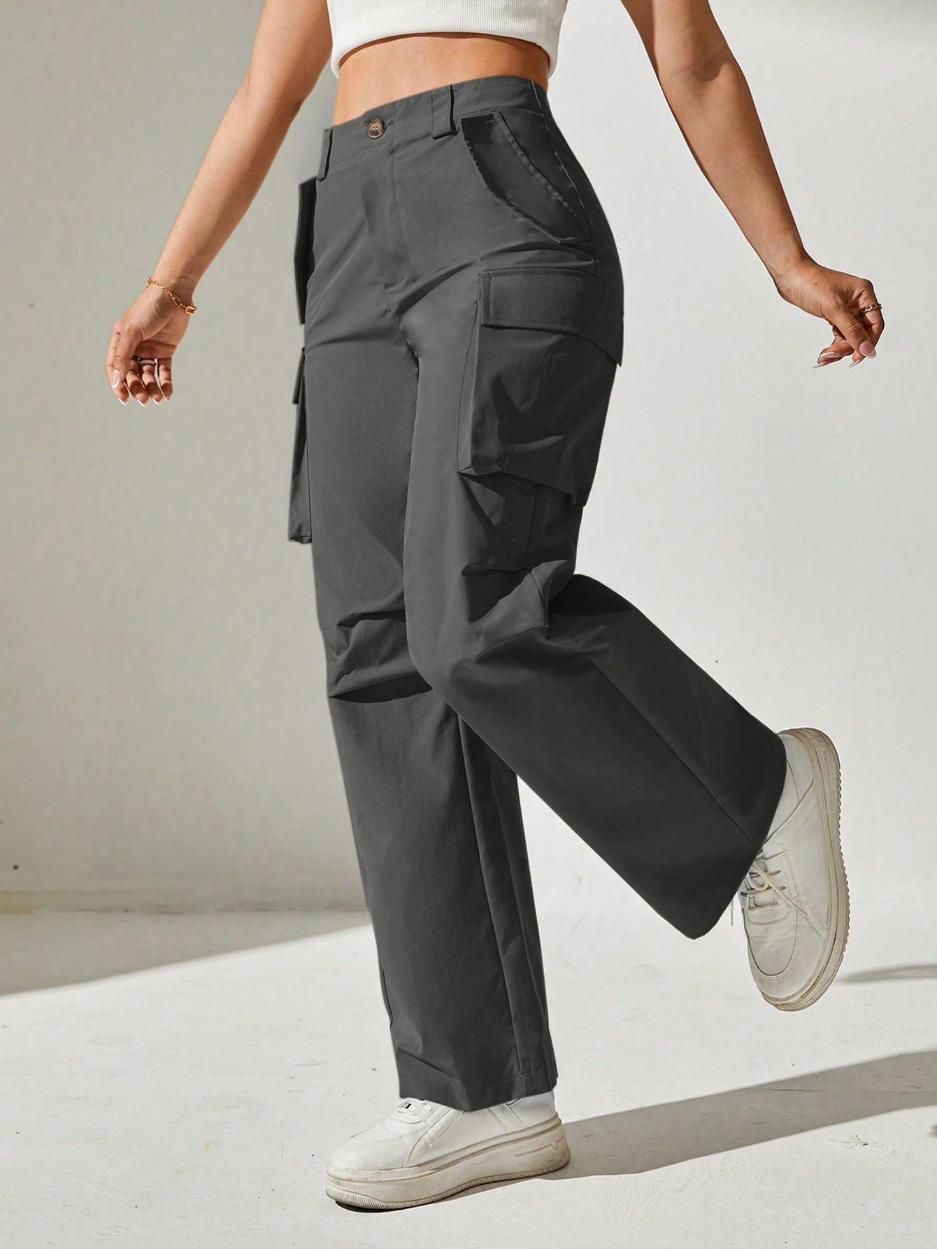 Pantaloni Cargo, Cu talie Inalta & Snur In Talie