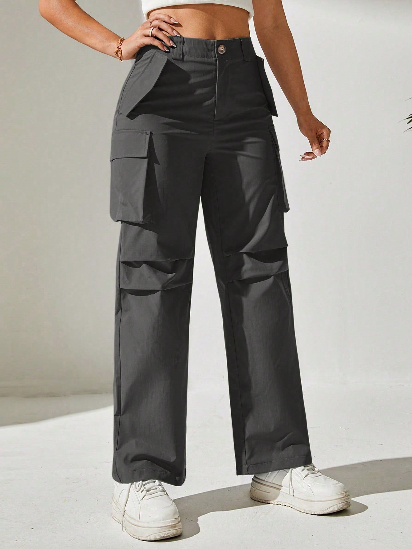 Pantaloni Cargo, Cu talie Inalta & Snur In Talie