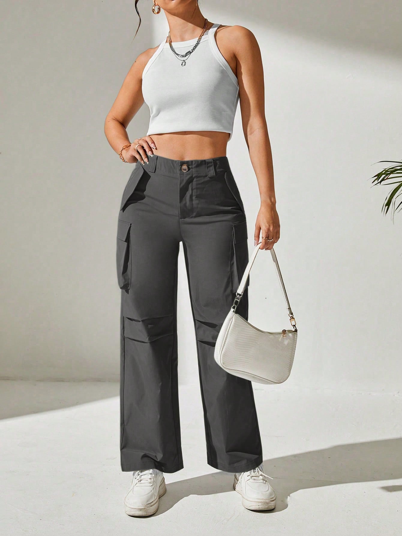 Pantaloni Cargo, Cu talie Inalta & Snur In Talie