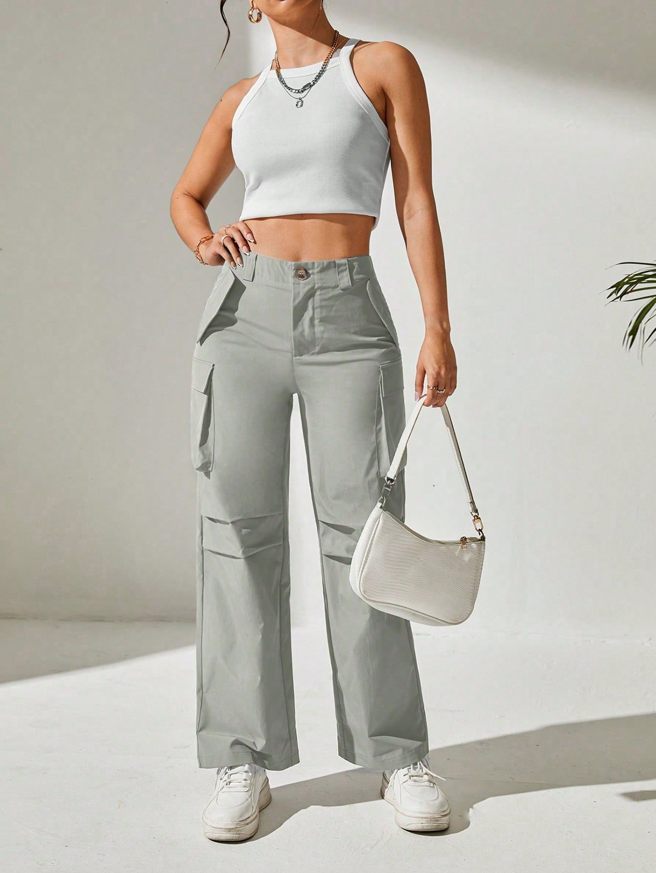 Pantaloni Cargo, Cu talie Inalta & Snur In Talie