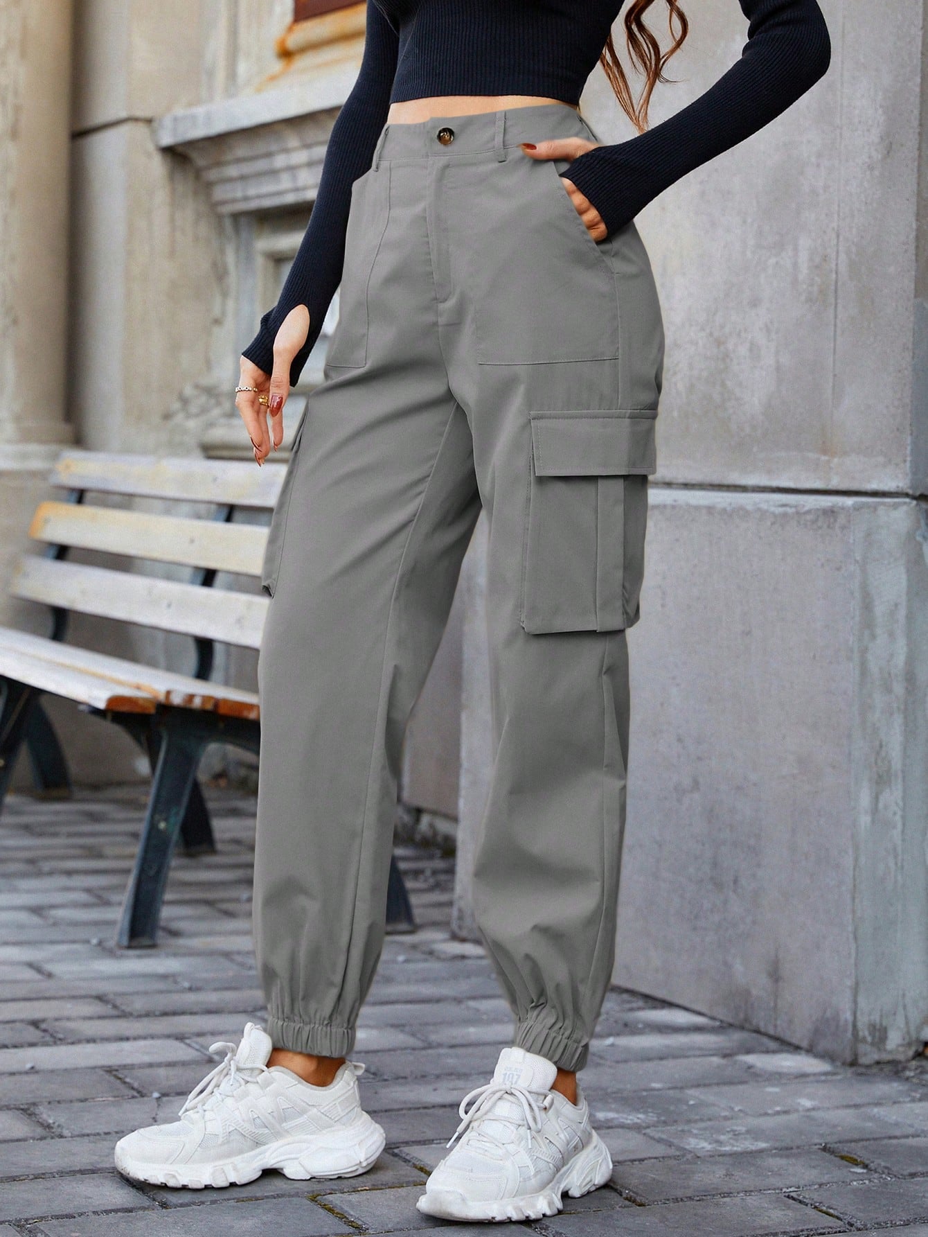 Pantaloni Cargo Dama, Talie Inalta Elastica