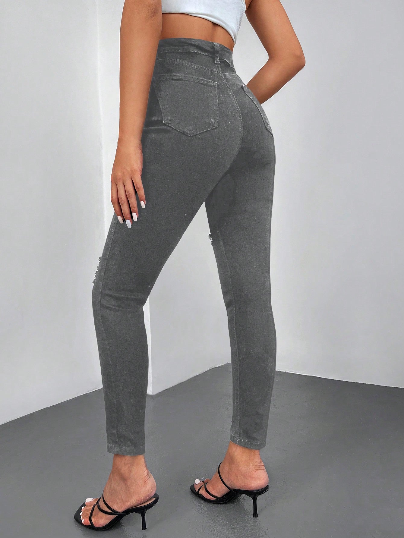 Blugi Dama, Croiala Inalta, Slim-Fit, Cu Rupturi