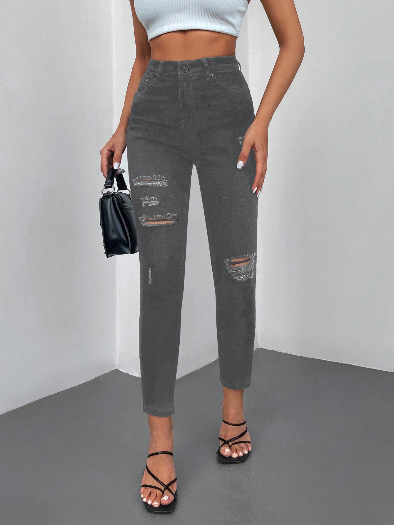 Blugi Dama, Croiala Inalta, Slim-Fit, Cu Rupturi