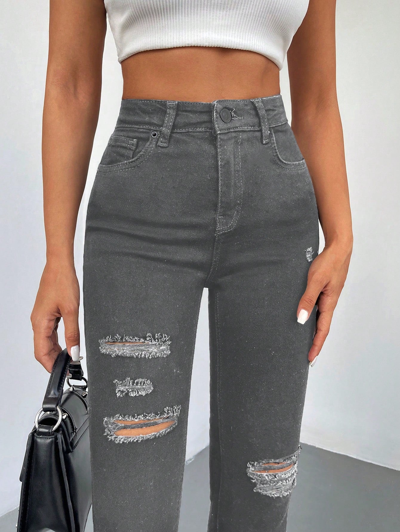Blugi Dama, Croiala Inalta, Slim-Fit, Cu Rupturi