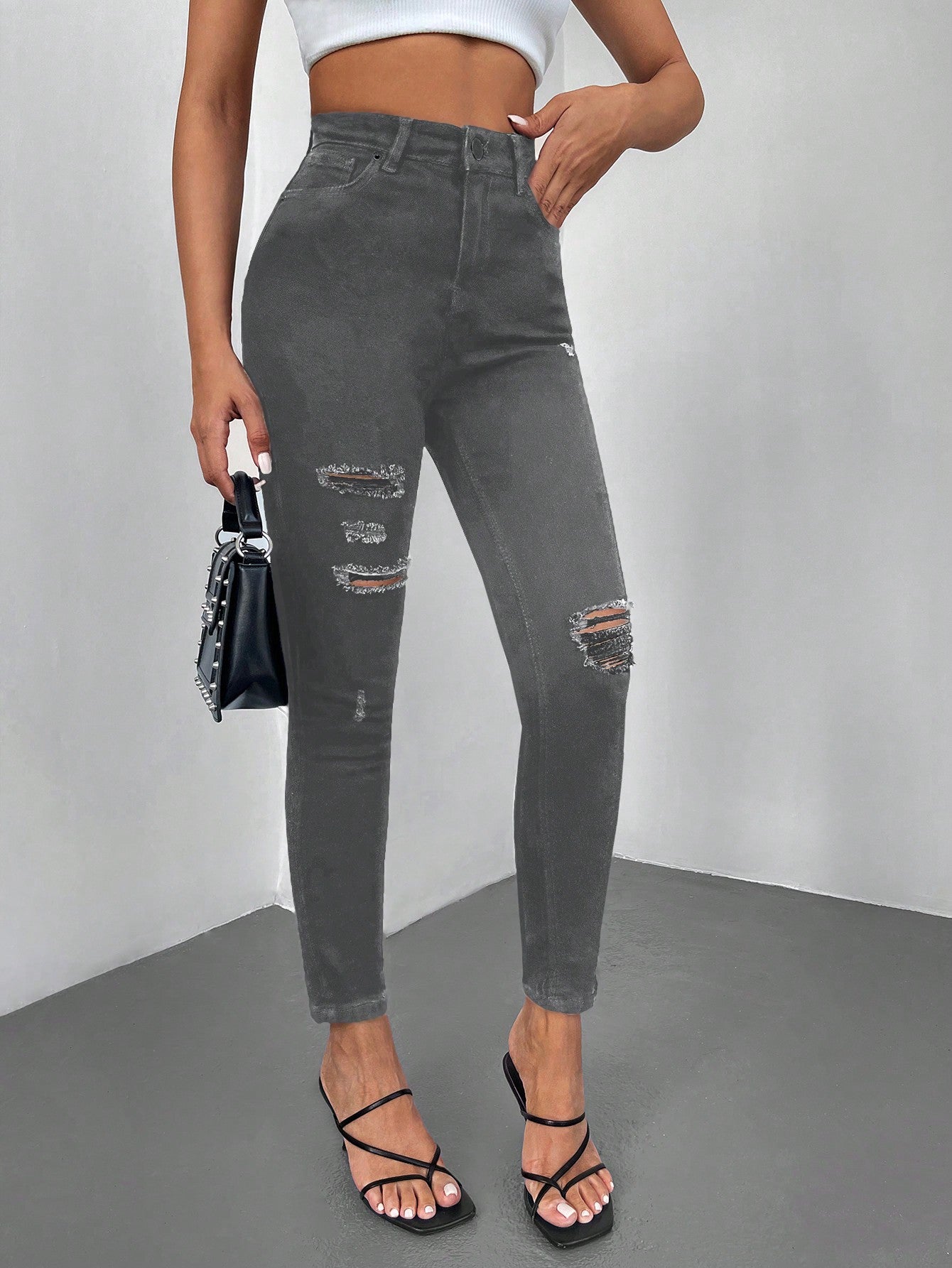 Blugi Dama, Croiala Inalta, Slim-Fit, Cu Rupturi