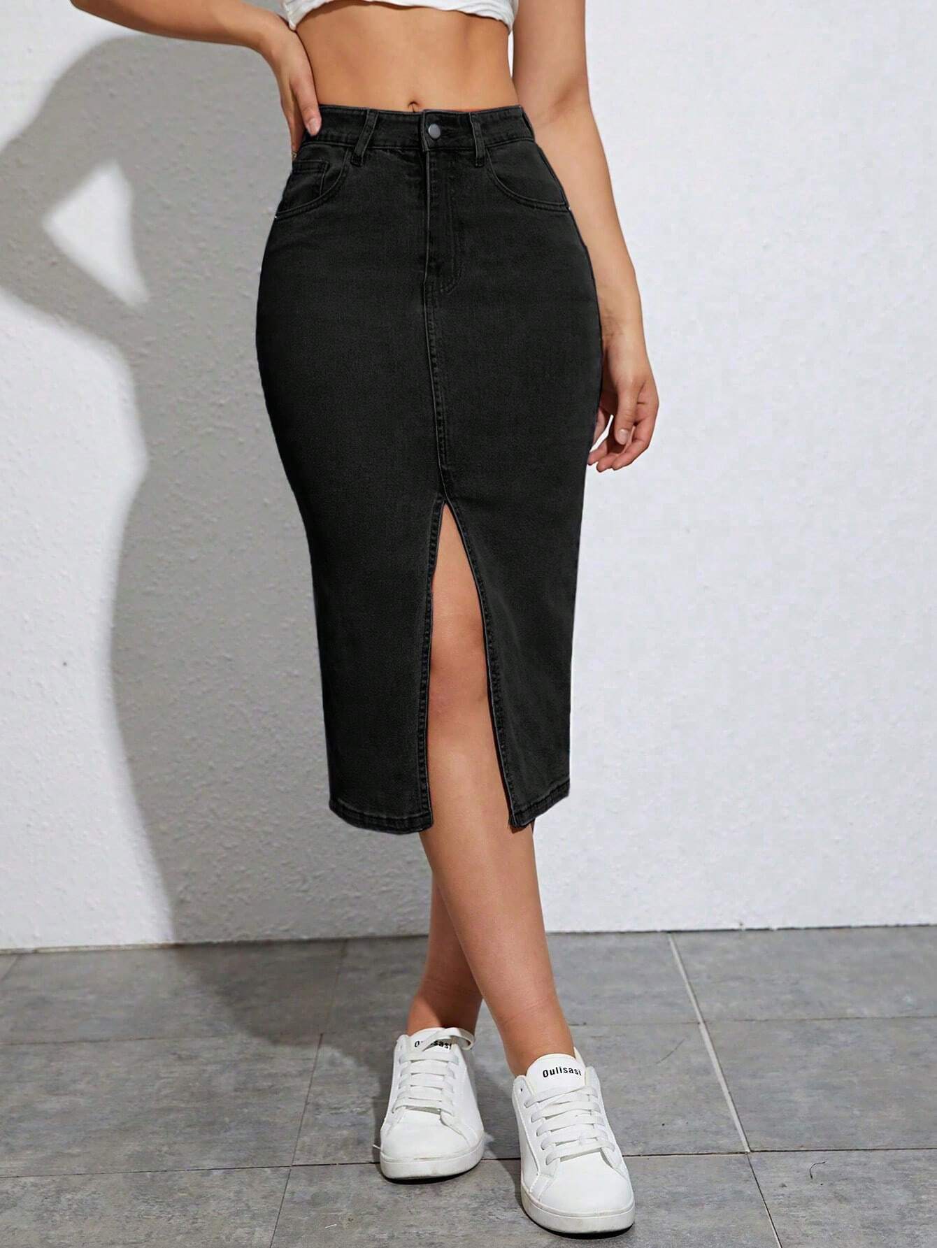 Fusta Dama, Talie Inalta, Denim, Tiv Despicat