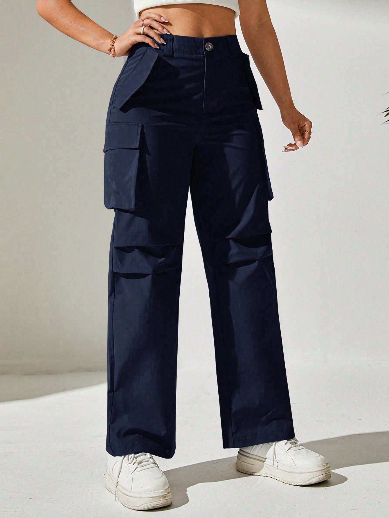 Pantaloni Cargo, Cu talie Inalta & Snur In Talie