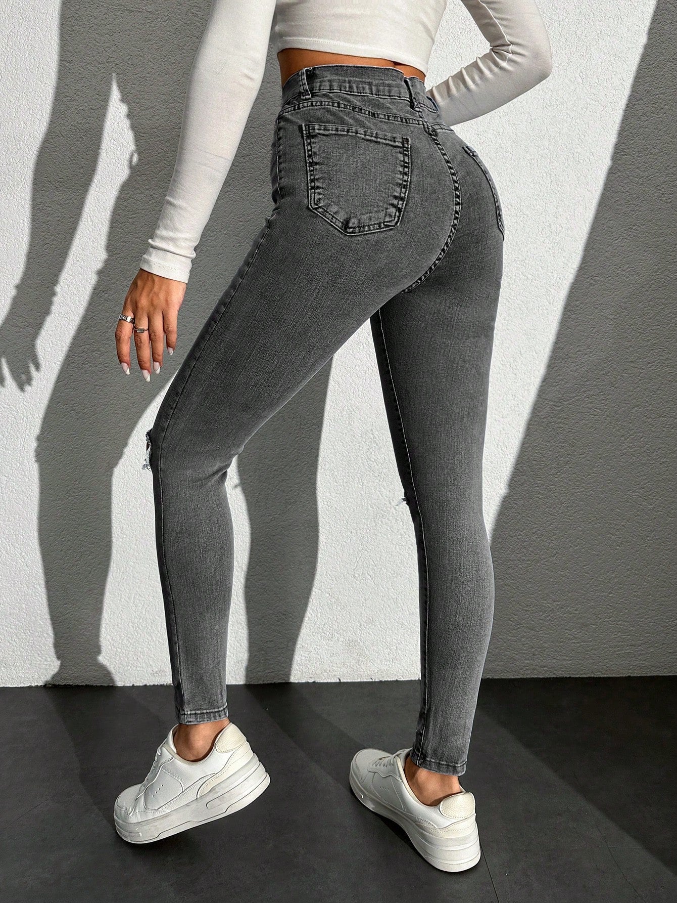 Blugi Dama, Croiala Inalta, Slim-Fit, Cu Rupturi