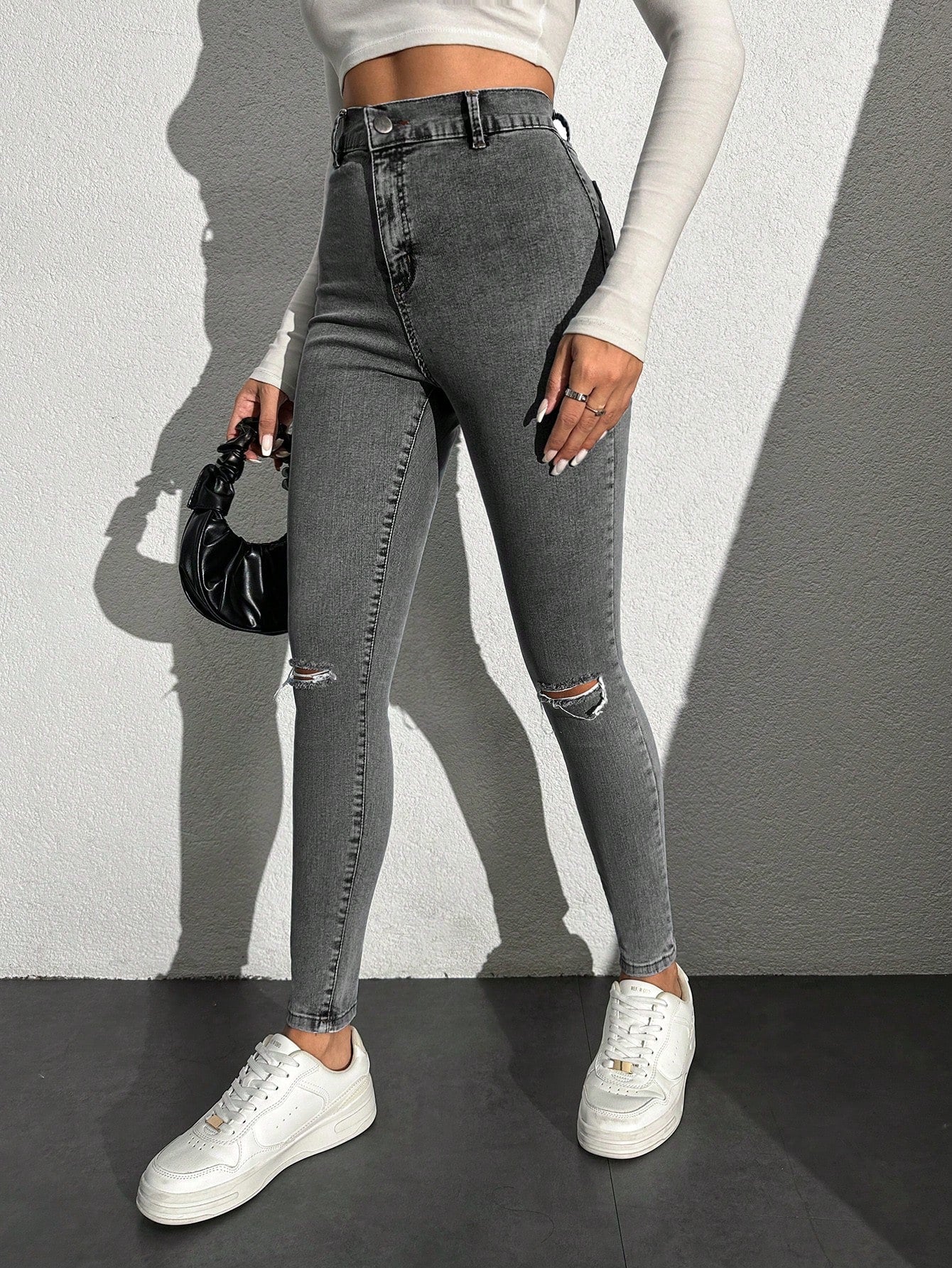 Blugi Dama, Croiala Inalta, Slim-Fit, Cu Rupturi