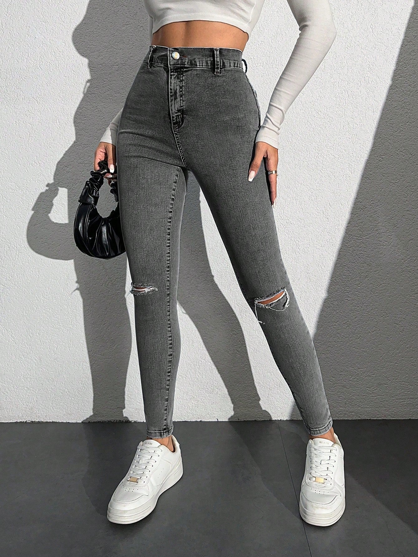 Blugi Dama, Croiala Inalta, Slim-Fit, Cu Rupturi