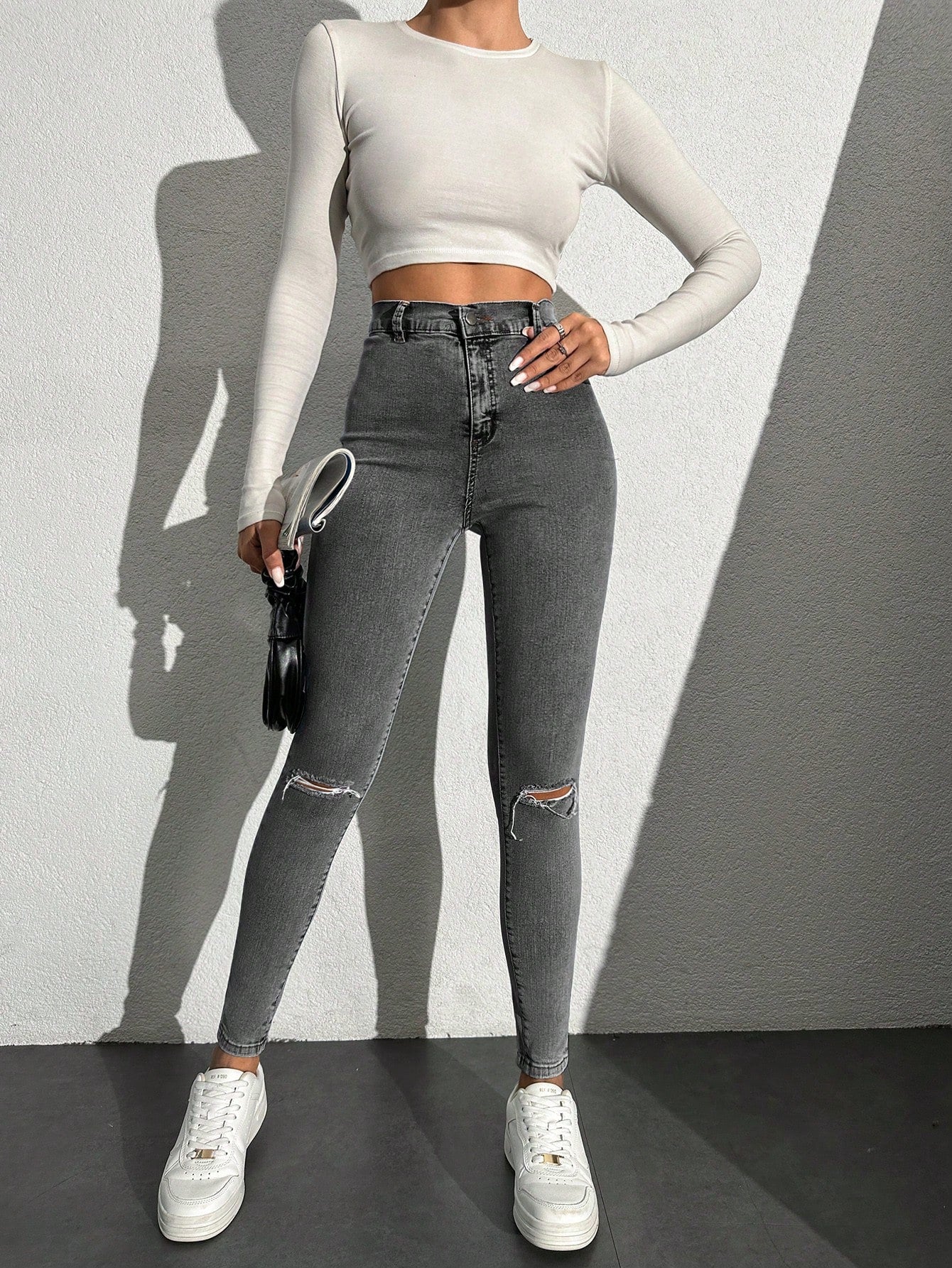 Blugi Dama, Croiala Inalta, Slim-Fit, Cu Rupturi