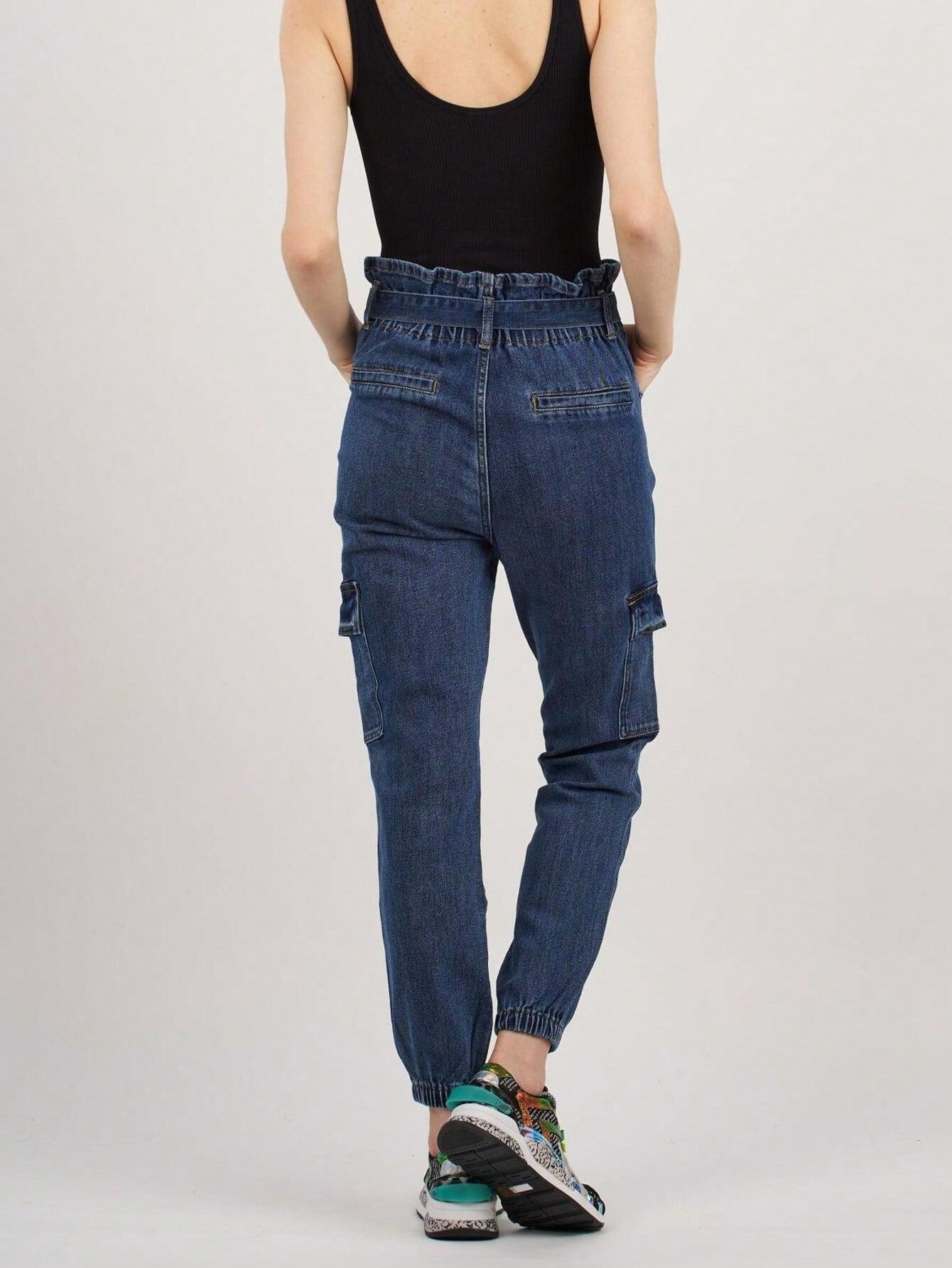 Blugi Cargo Dama, Talie Inalta Cu Cordon, Croiala Slim Fit