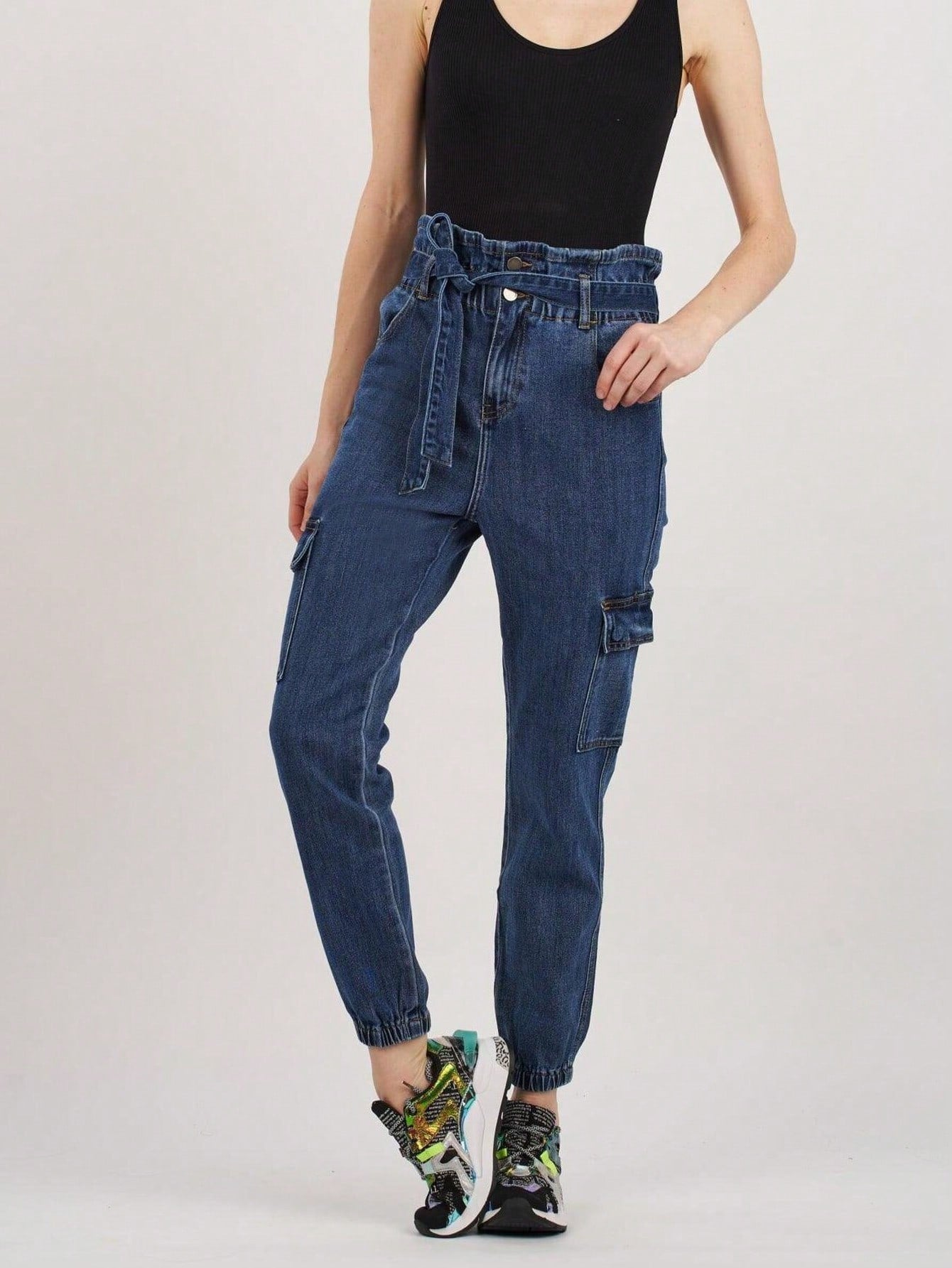 Blugi Cargo Dama, Talie Inalta Cu Cordon, Croiala Slim Fit