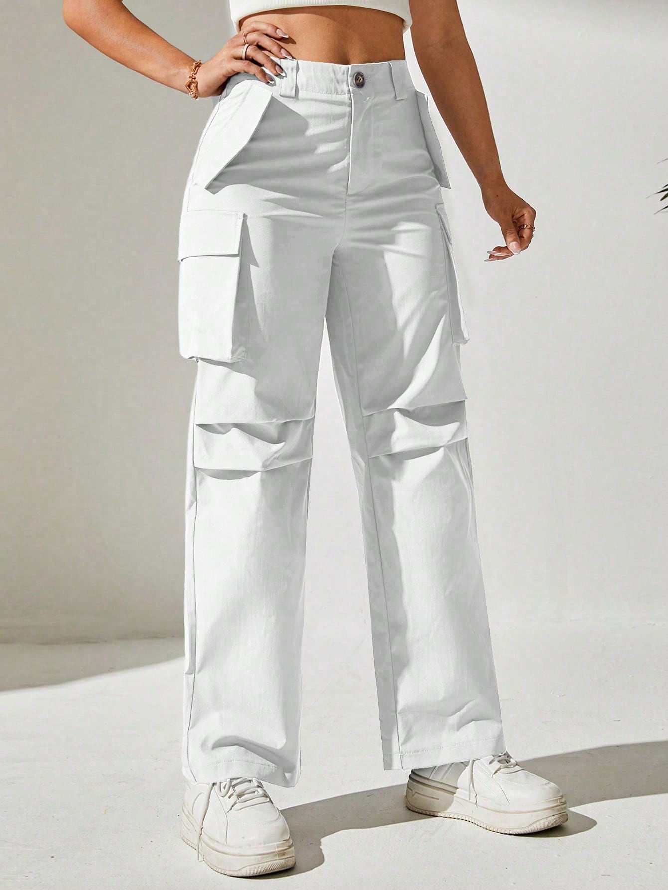 Pantaloni Cargo, Cu talie Inalta & Snur In Talie