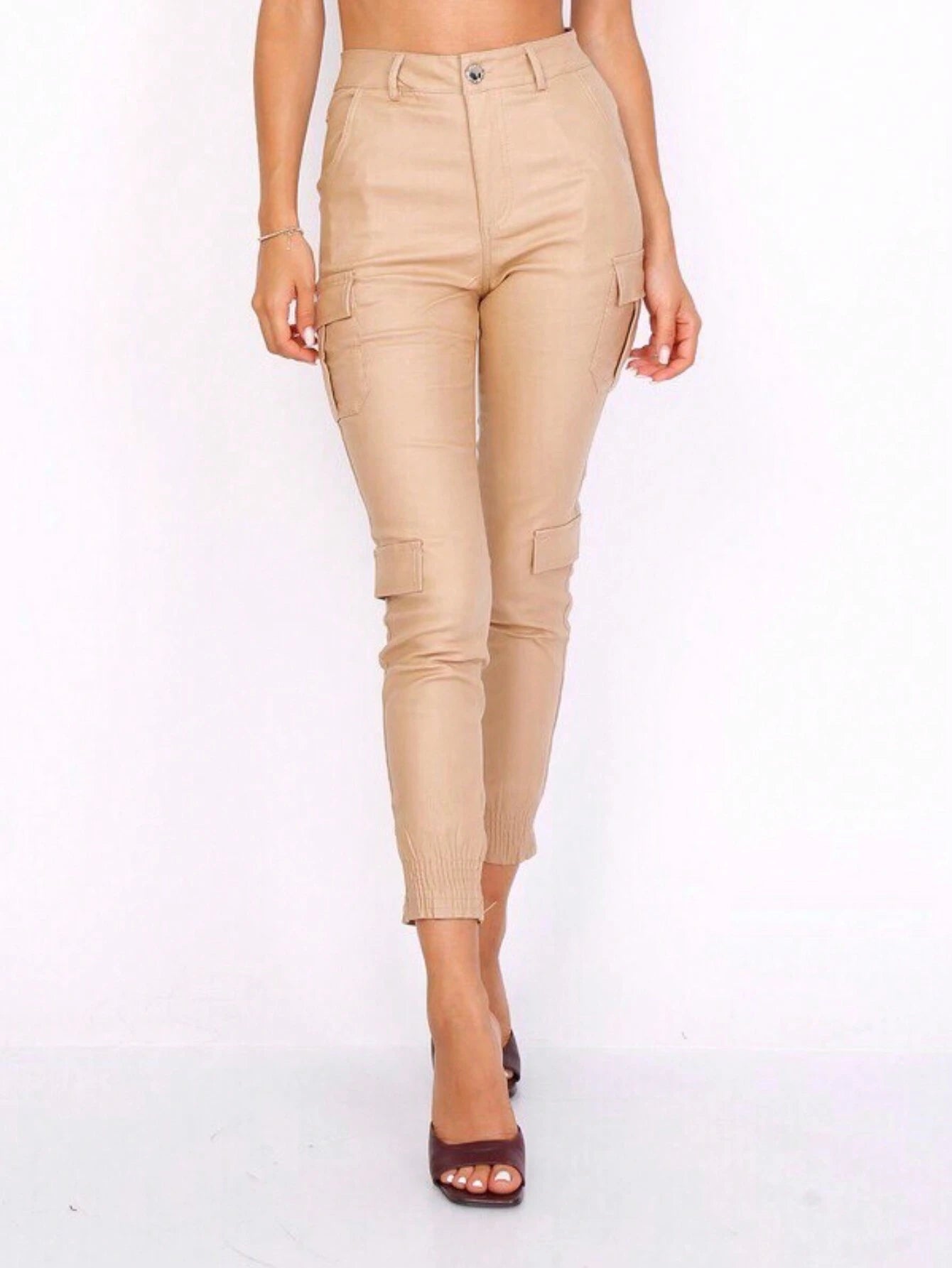Pantaloni Cargo Dama, Piele Ecologica, Talie Inalta