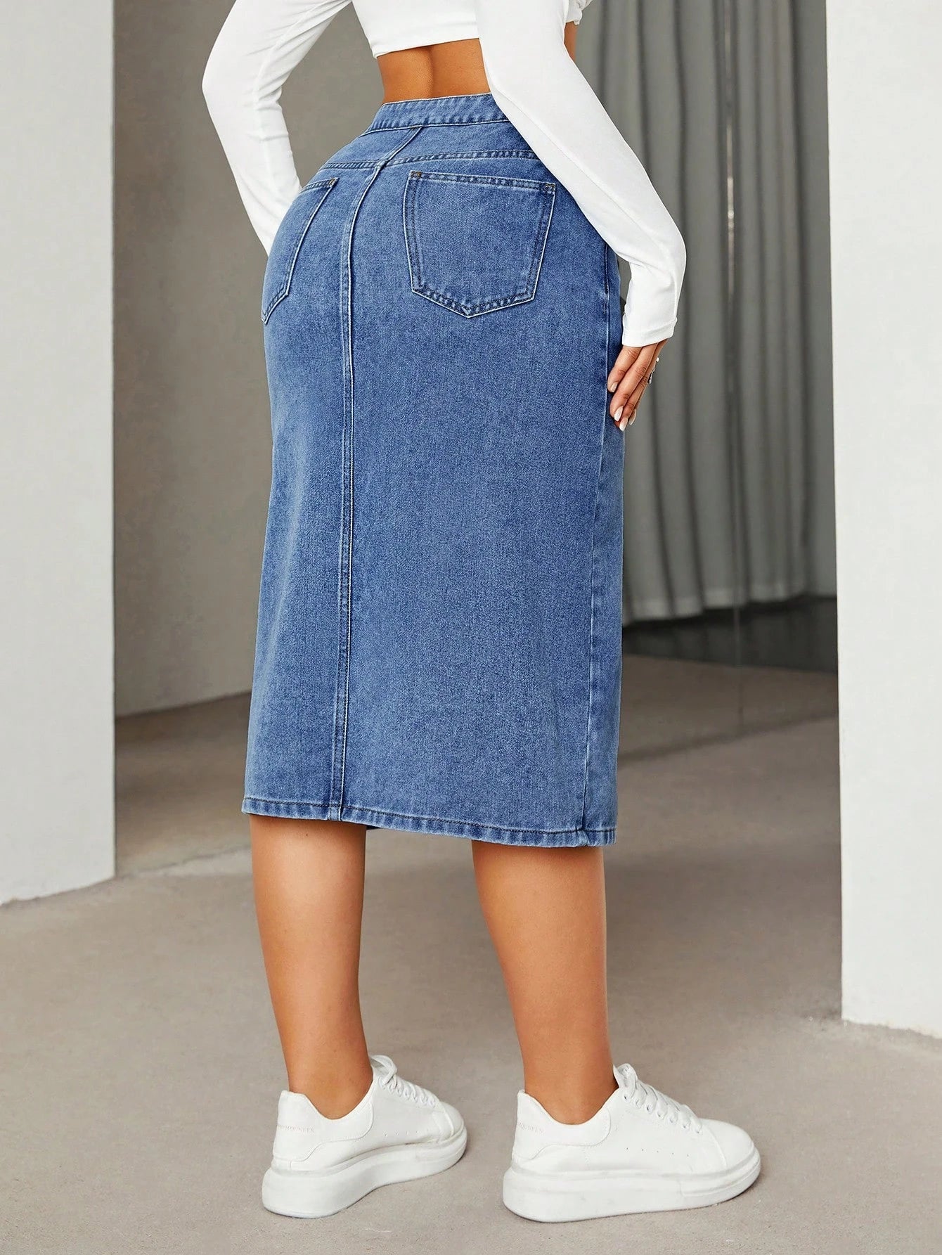 Fusta Dama, Denim, Talie Inalta Cu Nasturi